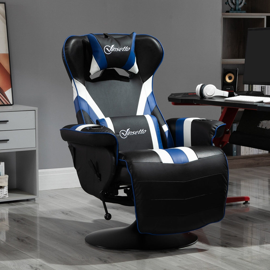 Chaise de jeu pivotante à 360°, style course, inclinable, ergonomique, pour ordinateur et bureau, avec support lombaire, repose-pieds et porte-gobelets.