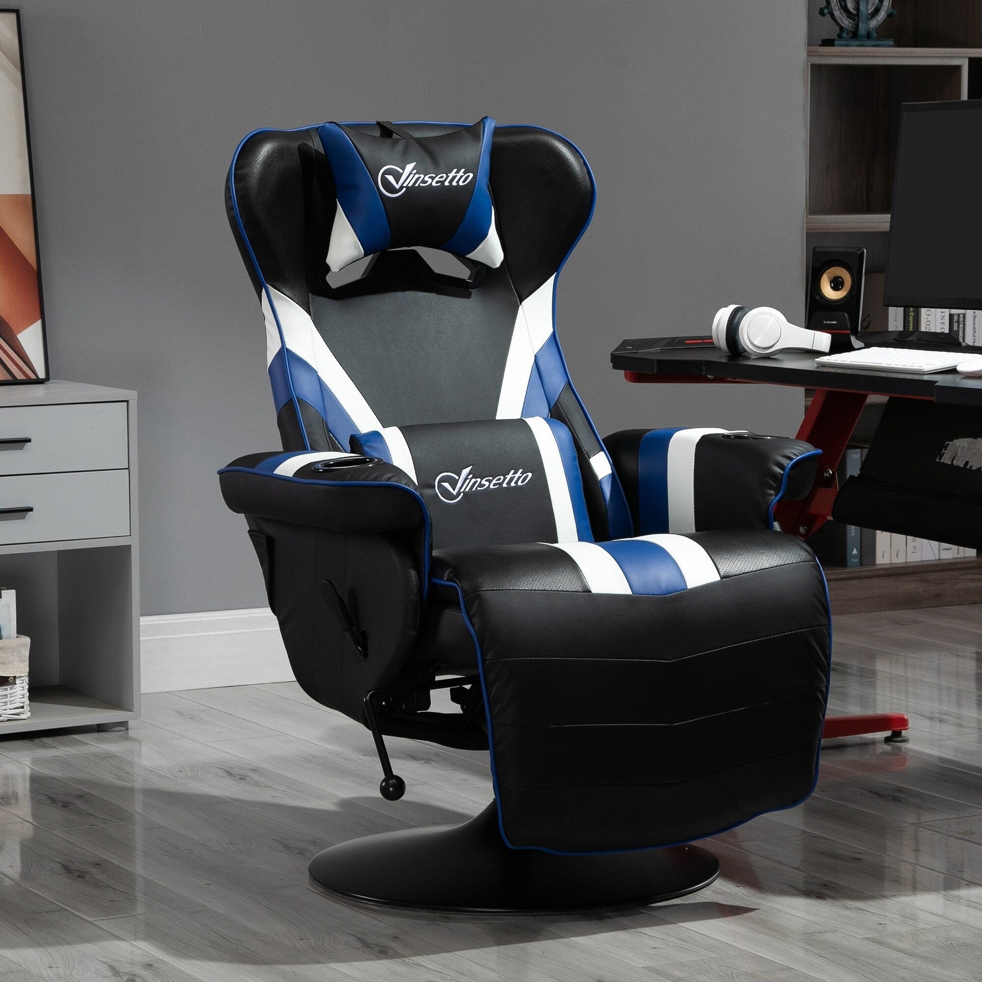 Chaise de jeu pivotante à 360°, style course, inclinable, ergonomique, pour ordinateur et bureau, avec support lombaire, repose-pieds et porte-gobelets.
