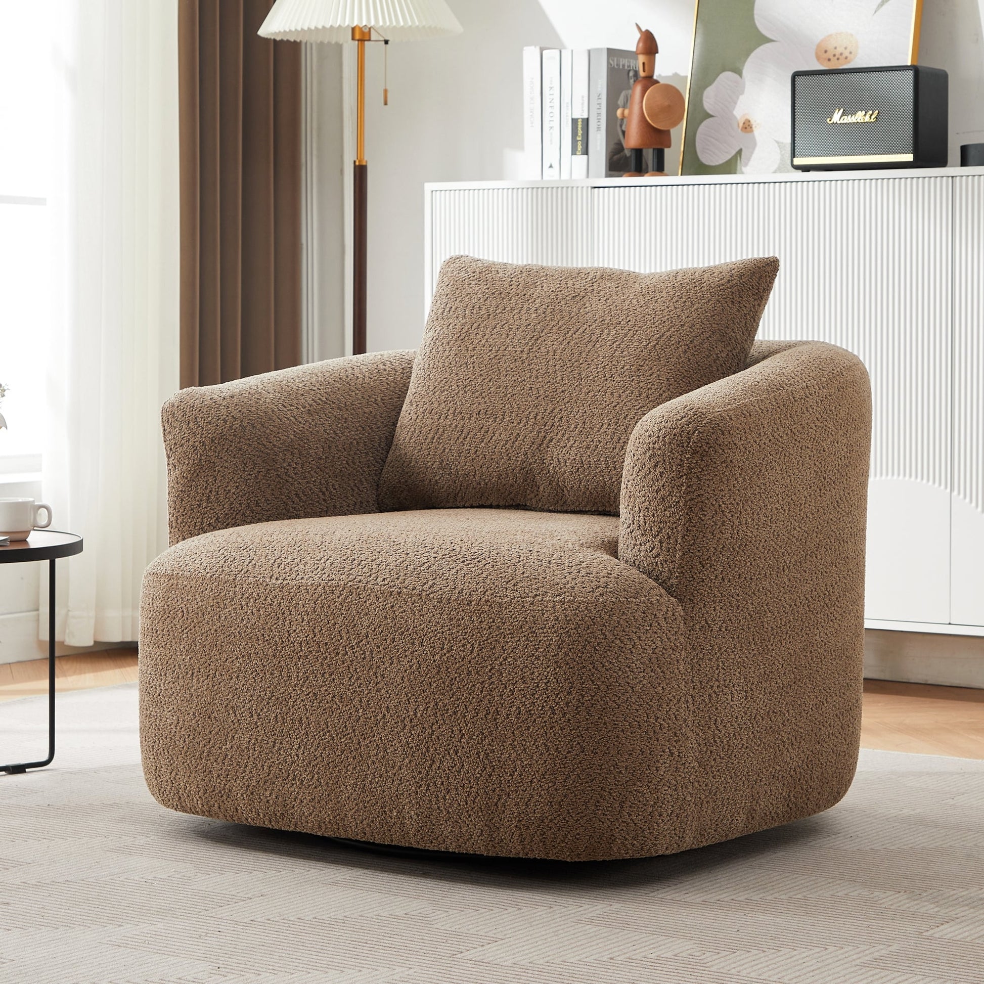 Chaise pivotante à 360°, chaise d'appoint en bouclé de 38,2 pouces avec coussin décoratif, canapé-lit capitonné avec accoudoirs incurvés