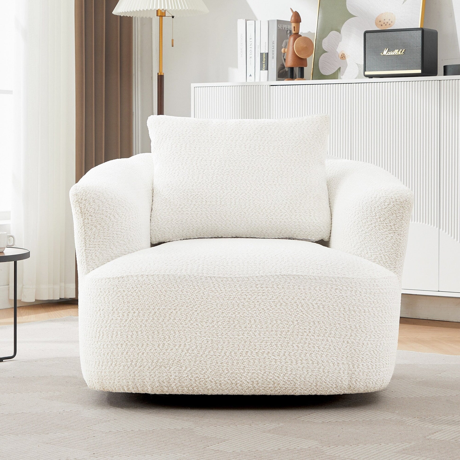 Chaise pivotante à 360°, chaise d'appoint en bouclé de 38,2 pouces avec coussin décoratif, canapé-lit capitonné avec accoudoirs incurvés
