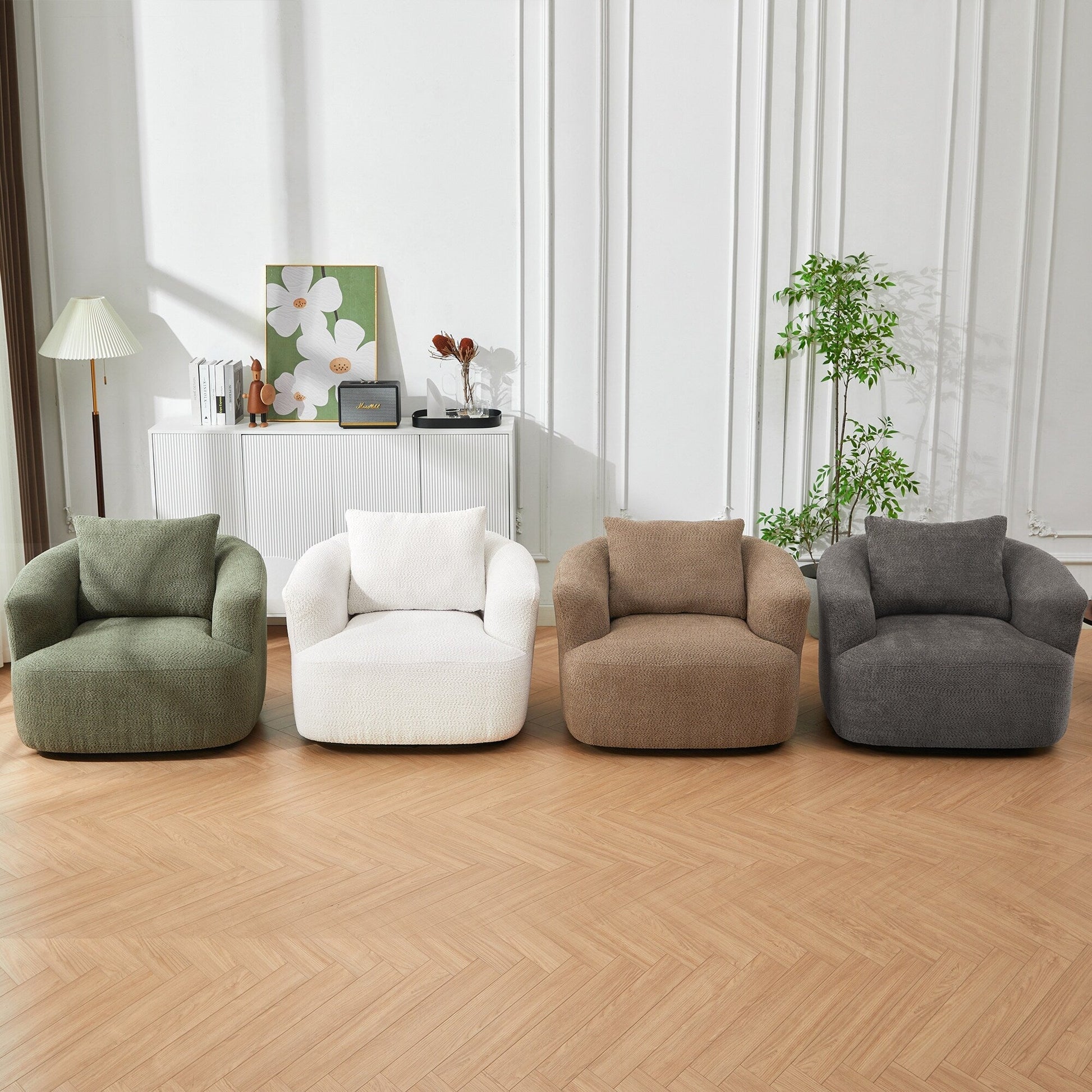 Chaise pivotante à 360°, chaise d'appoint en bouclé de 38,2 pouces avec coussin décoratif, canapé-lit capitonné avec accoudoirs incurvés