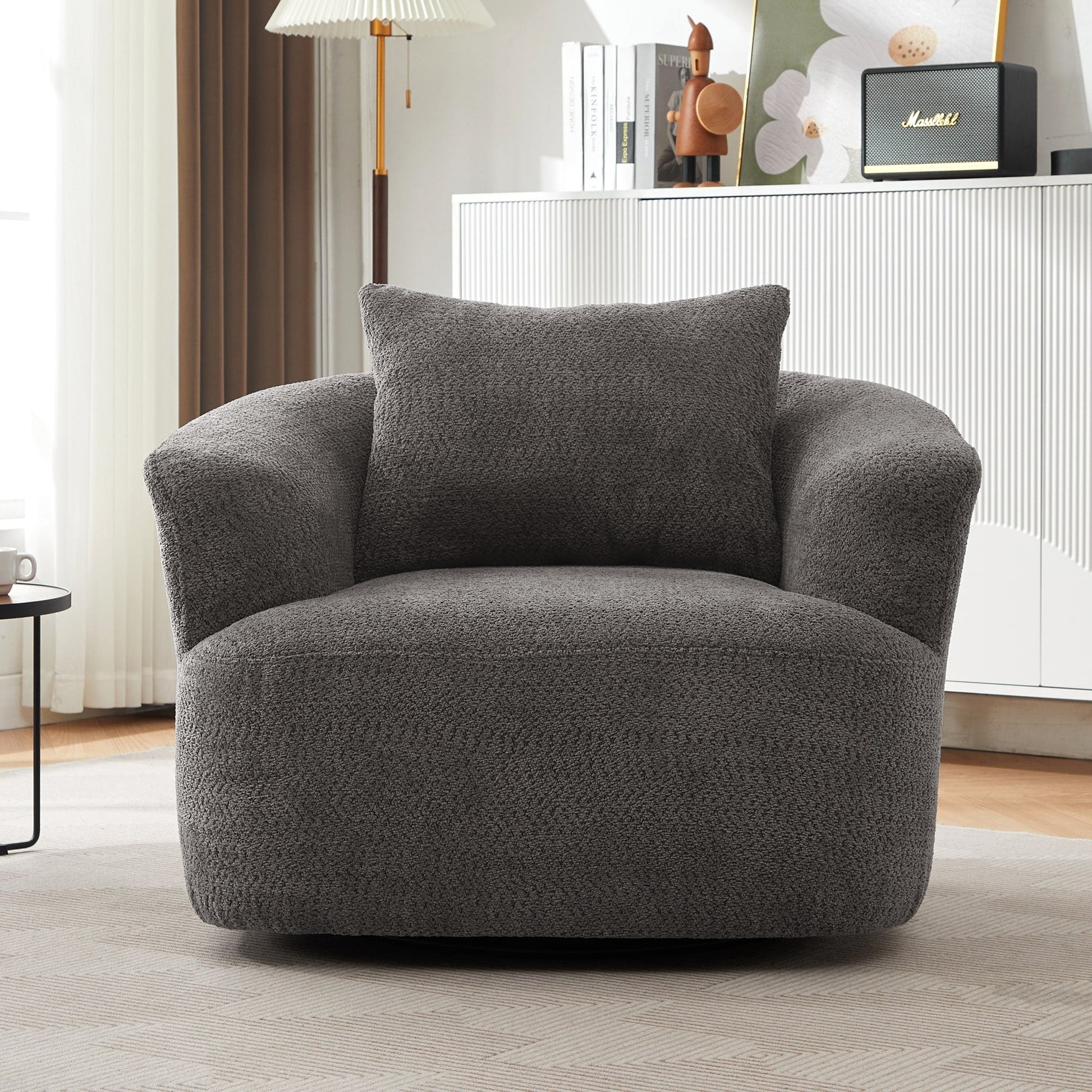 Chaise pivotante à 360°, chaise d'appoint en bouclé de 38,2 pouces avec coussin décoratif, canapé-lit capitonné avec accoudoirs incurvés