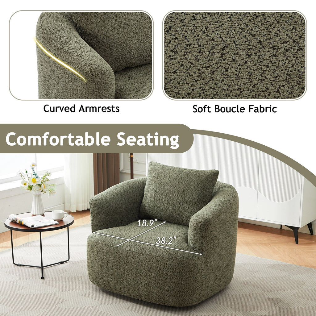 Chaise pivotante à 360°, chaise d'appoint en bouclé de 38,2 pouces avec coussin décoratif, canapé-lit capitonné avec accoudoirs incurvés