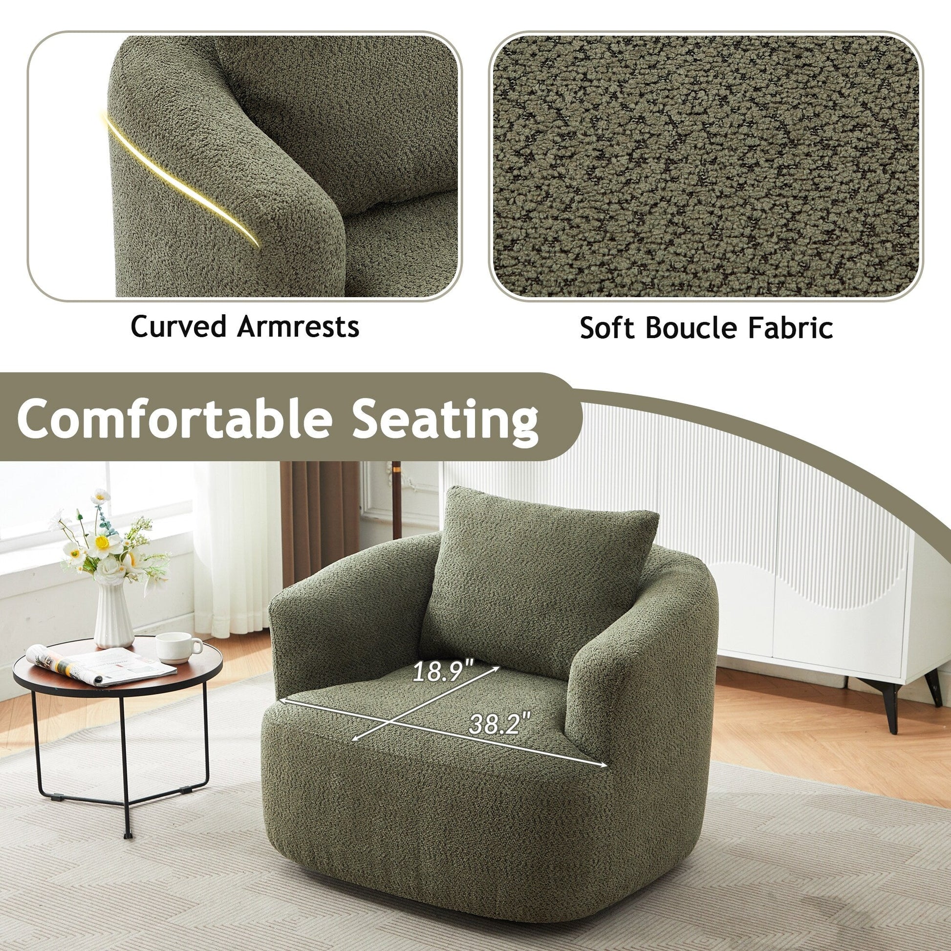 Chaise pivotante à 360°, chaise d'appoint en bouclé de 38,2 pouces avec coussin décoratif, canapé-lit capitonné avec accoudoirs incurvés