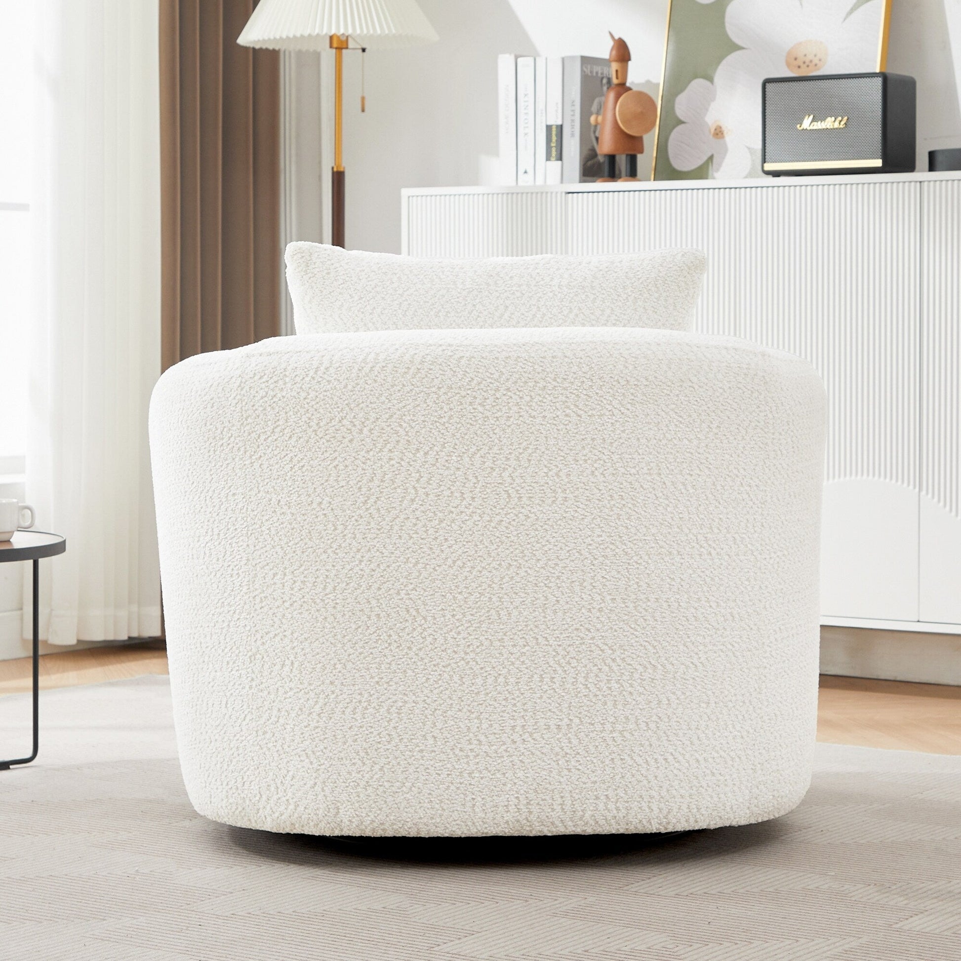 Chaise pivotante à 360°, chaise d'appoint en bouclé de 38,2 pouces avec coussin décoratif, canapé-lit capitonné avec accoudoirs incurvés