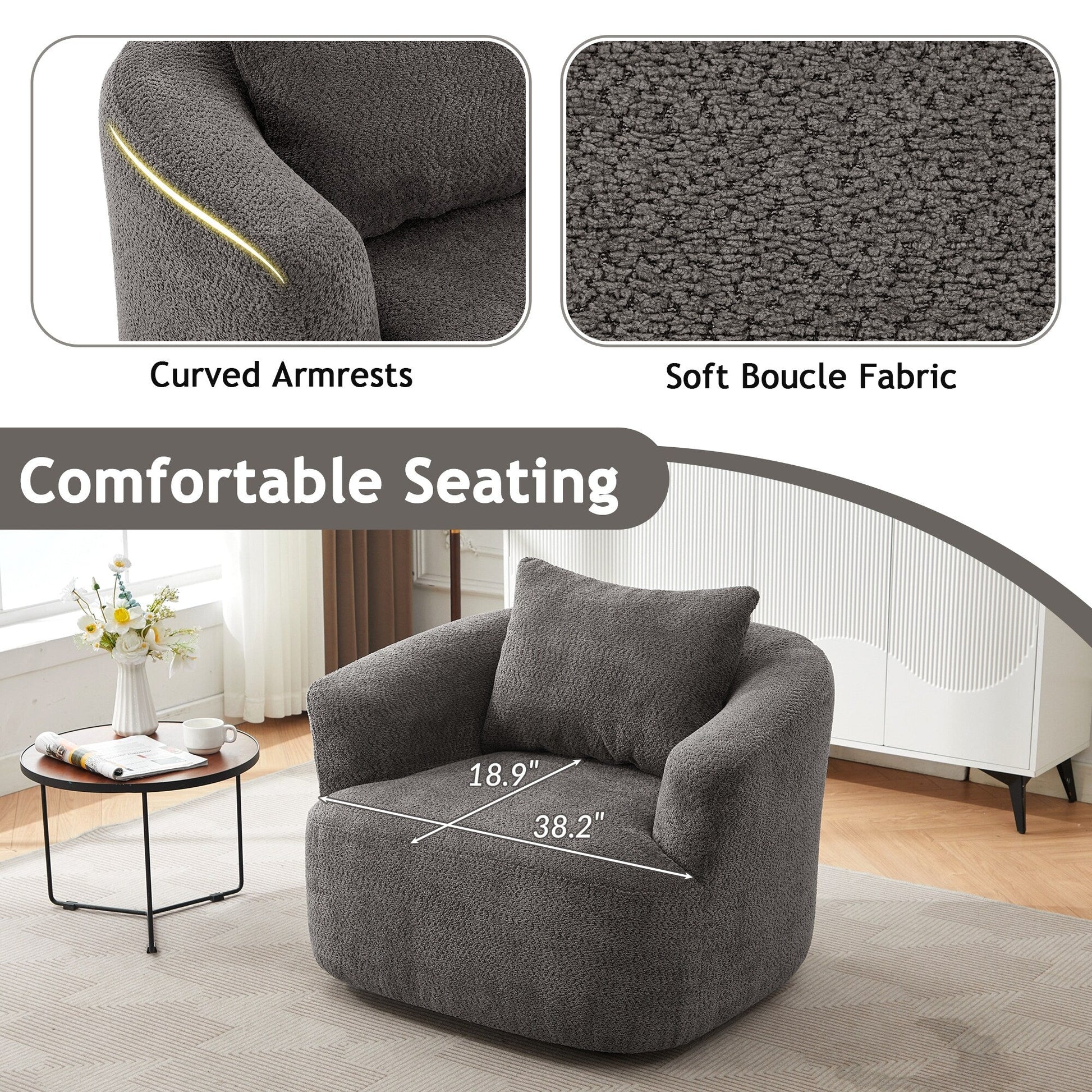Chaise pivotante à 360°, chaise d'appoint en bouclé de 38,2 pouces avec coussin décoratif, canapé-lit capitonné avec accoudoirs incurvés
