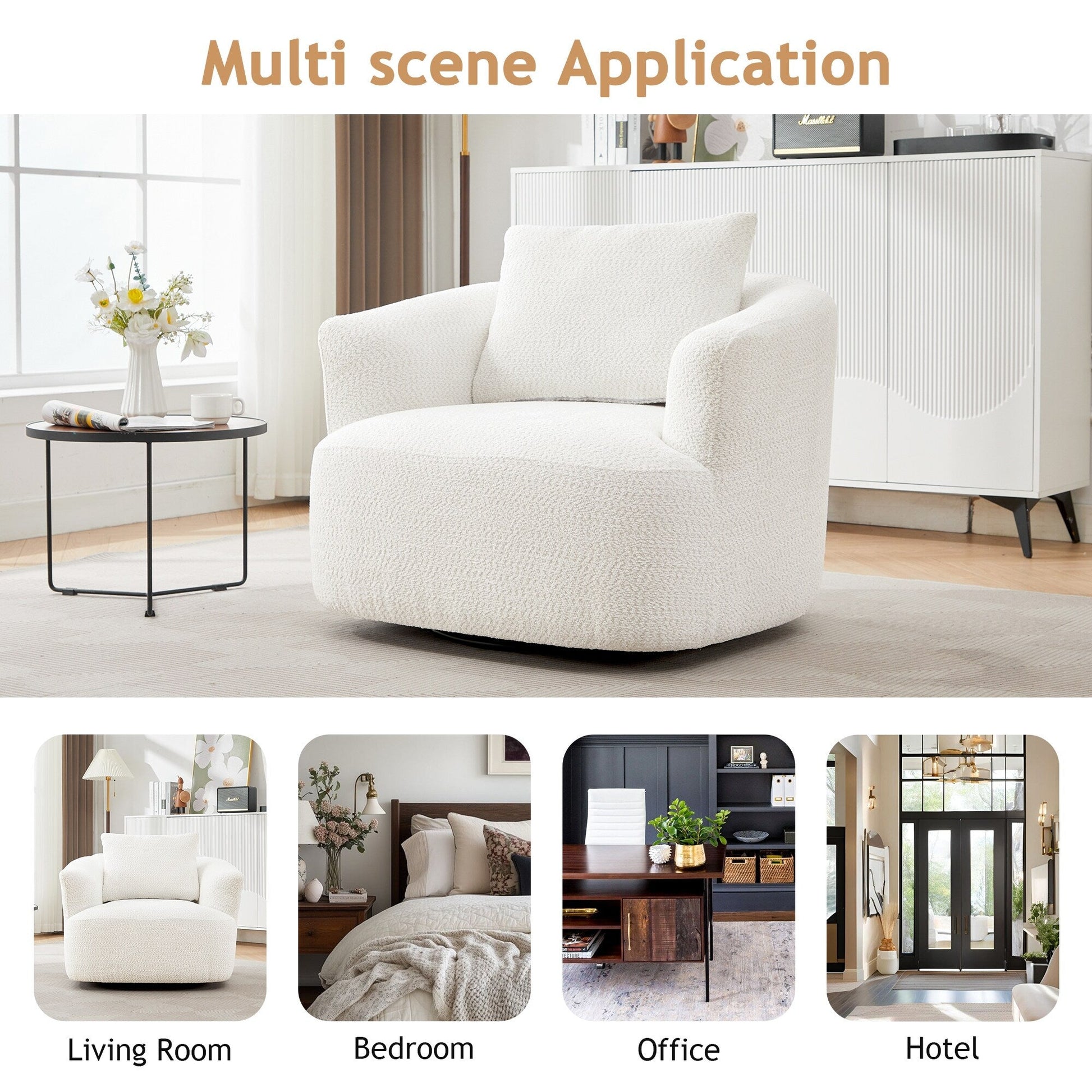 Chaise pivotante à 360°, chaise d'appoint en bouclé de 38,2 pouces avec coussin décoratif, canapé-lit capitonné avec accoudoirs incurvés