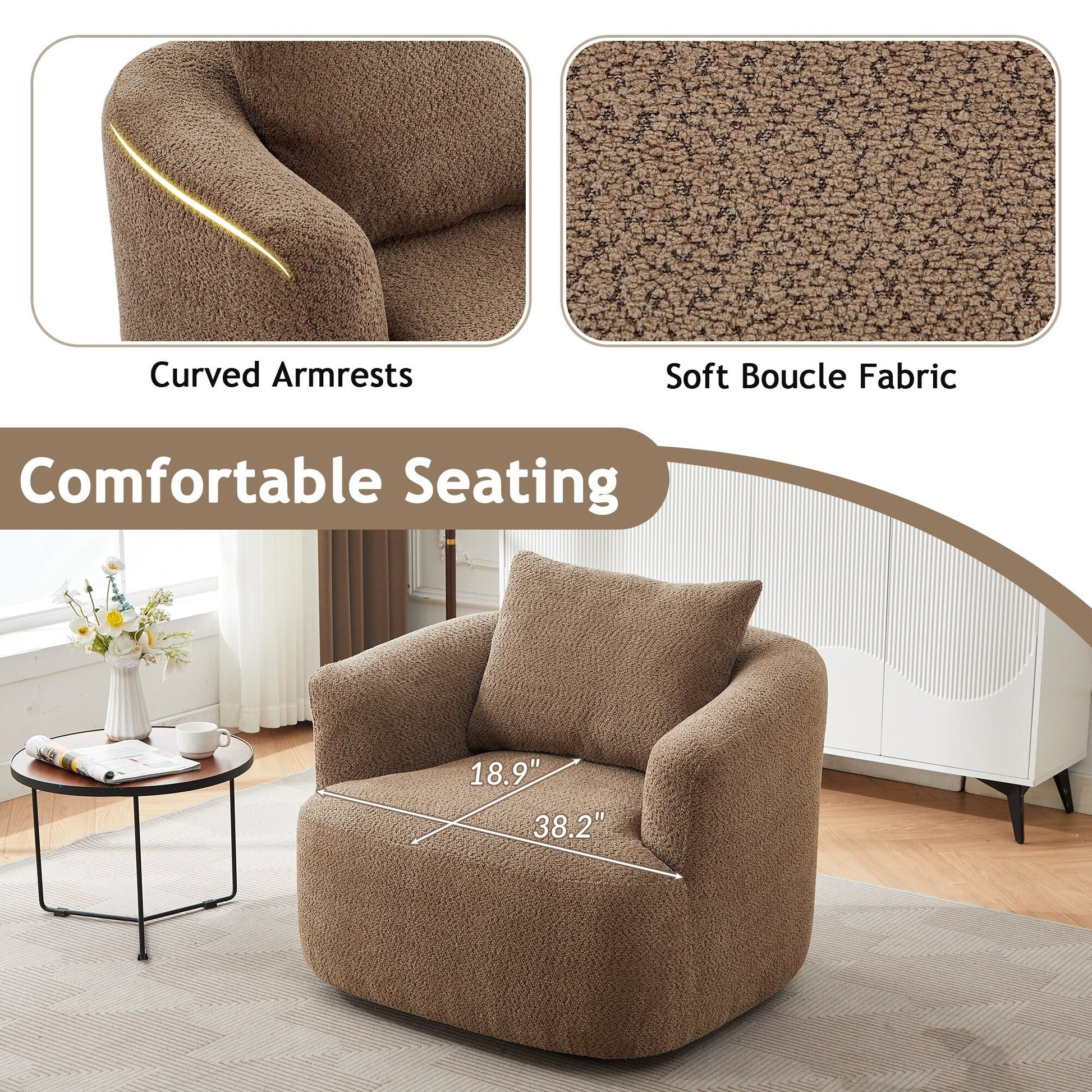 Chaise pivotante à 360°, chaise d'appoint en bouclé de 38,2 pouces avec coussin décoratif, canapé-lit capitonné avec accoudoirs incurvés