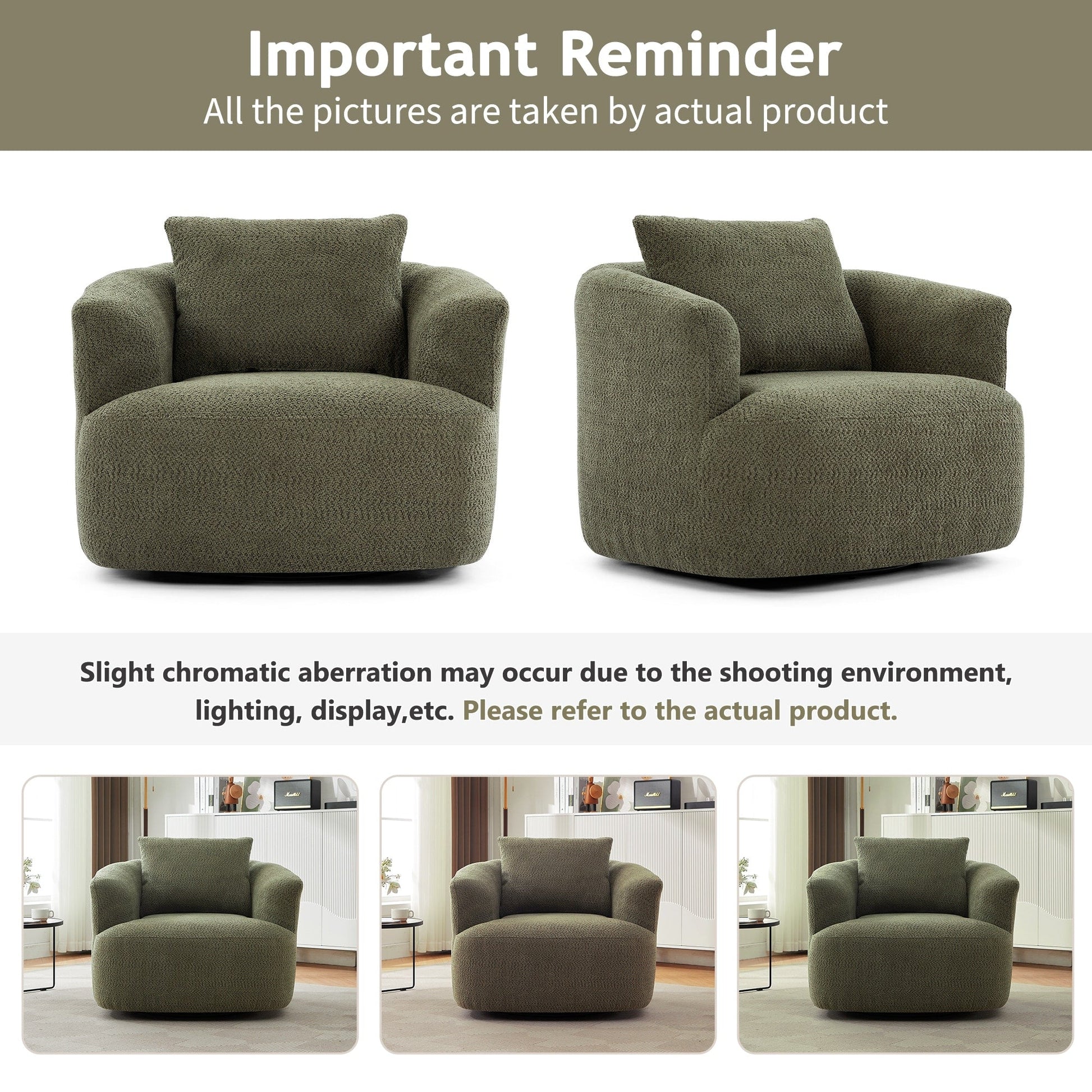 Chaise pivotante à 360°, chaise d'appoint en bouclé de 38,2 pouces avec coussin décoratif, canapé-lit capitonné avec accoudoirs incurvés