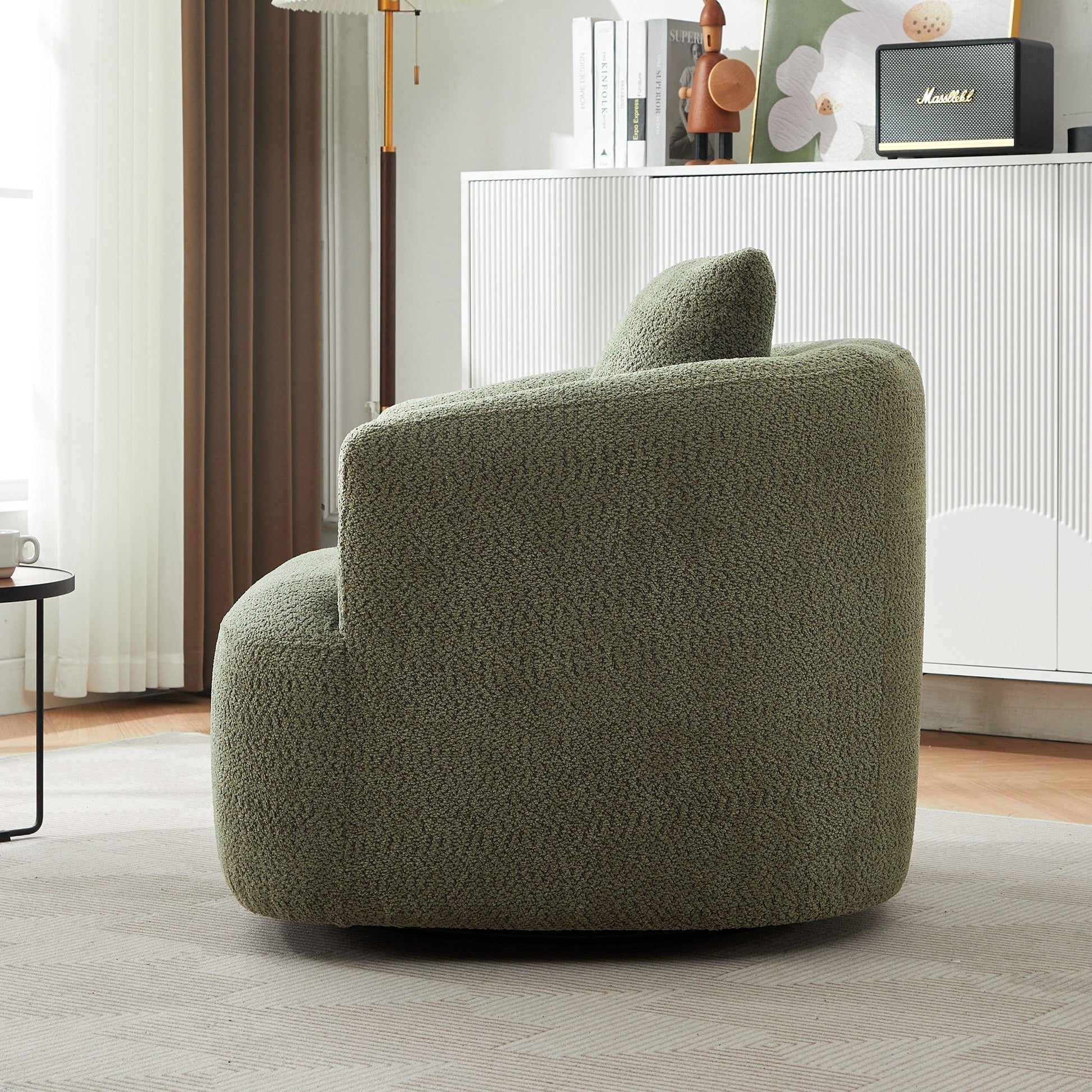 Chaise pivotante à 360°, chaise d'appoint en bouclé de 38,2 pouces avec coussin décoratif, canapé-lit capitonné avec accoudoirs incurvés