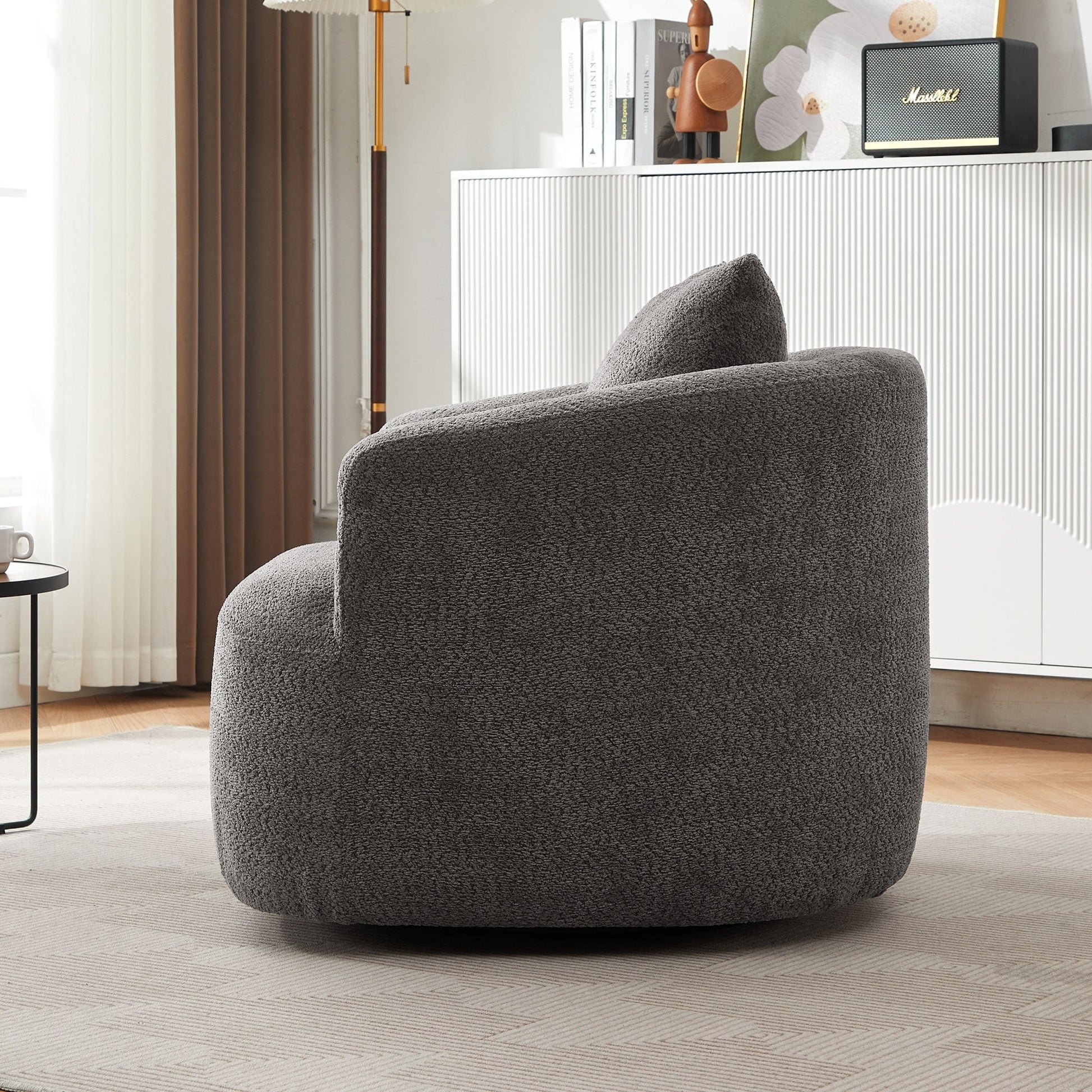 Chaise pivotante à 360°, chaise d'appoint en bouclé de 38,2 pouces avec coussin décoratif, canapé-lit capitonné avec accoudoirs incurvés