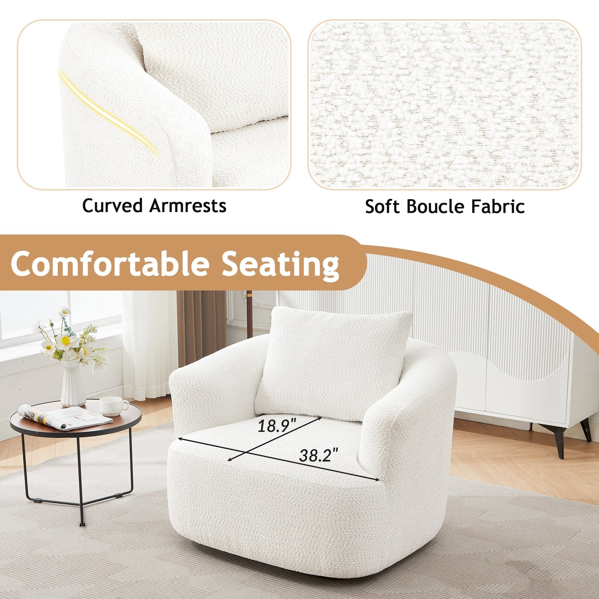 Chaise pivotante à 360°, chaise d'appoint en bouclé de 38,2 pouces avec coussin décoratif, canapé-lit capitonné avec accoudoirs incurvés