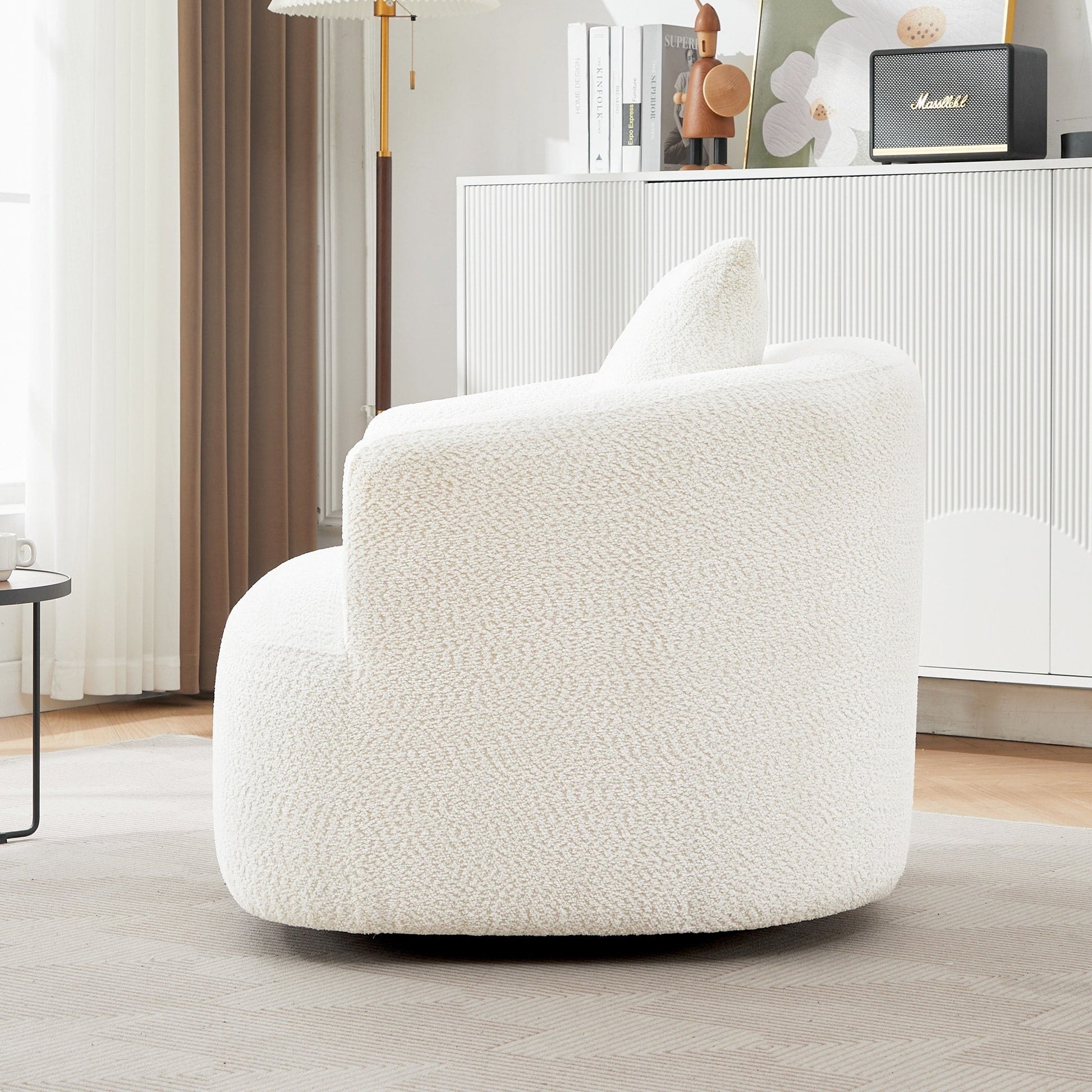 Chaise pivotante à 360°, chaise d'appoint en bouclé de 38,2 pouces avec coussin décoratif, canapé-lit capitonné avec accoudoirs incurvés
