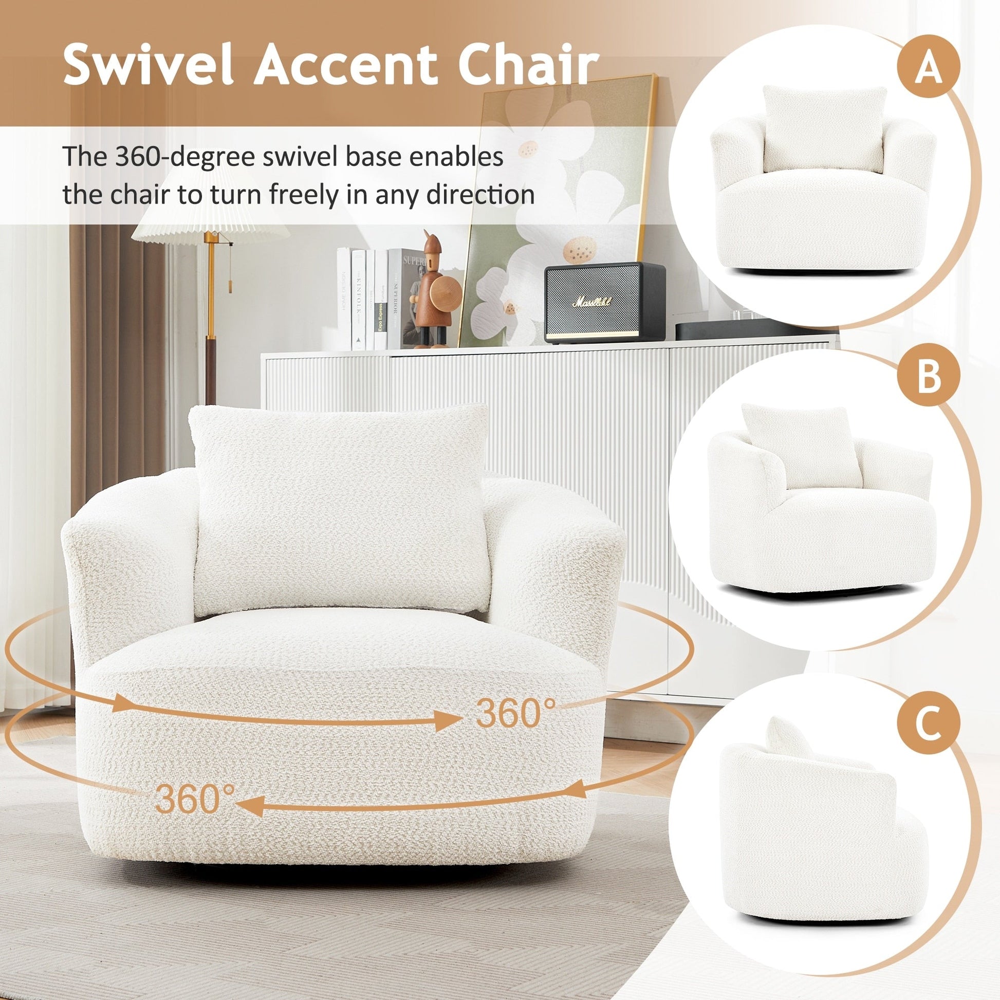 Chaise pivotante à 360°, chaise d'appoint en bouclé de 38,2 pouces avec coussin décoratif, canapé-lit capitonné avec accoudoirs incurvés