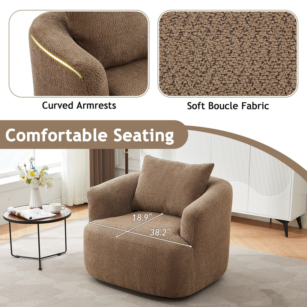 Chaise pivotante à 360°, chaise d'appoint en bouclé de 38,2 pouces avec coussin décoratif, canapé-lit capitonné avec accoudoirs incurvés
