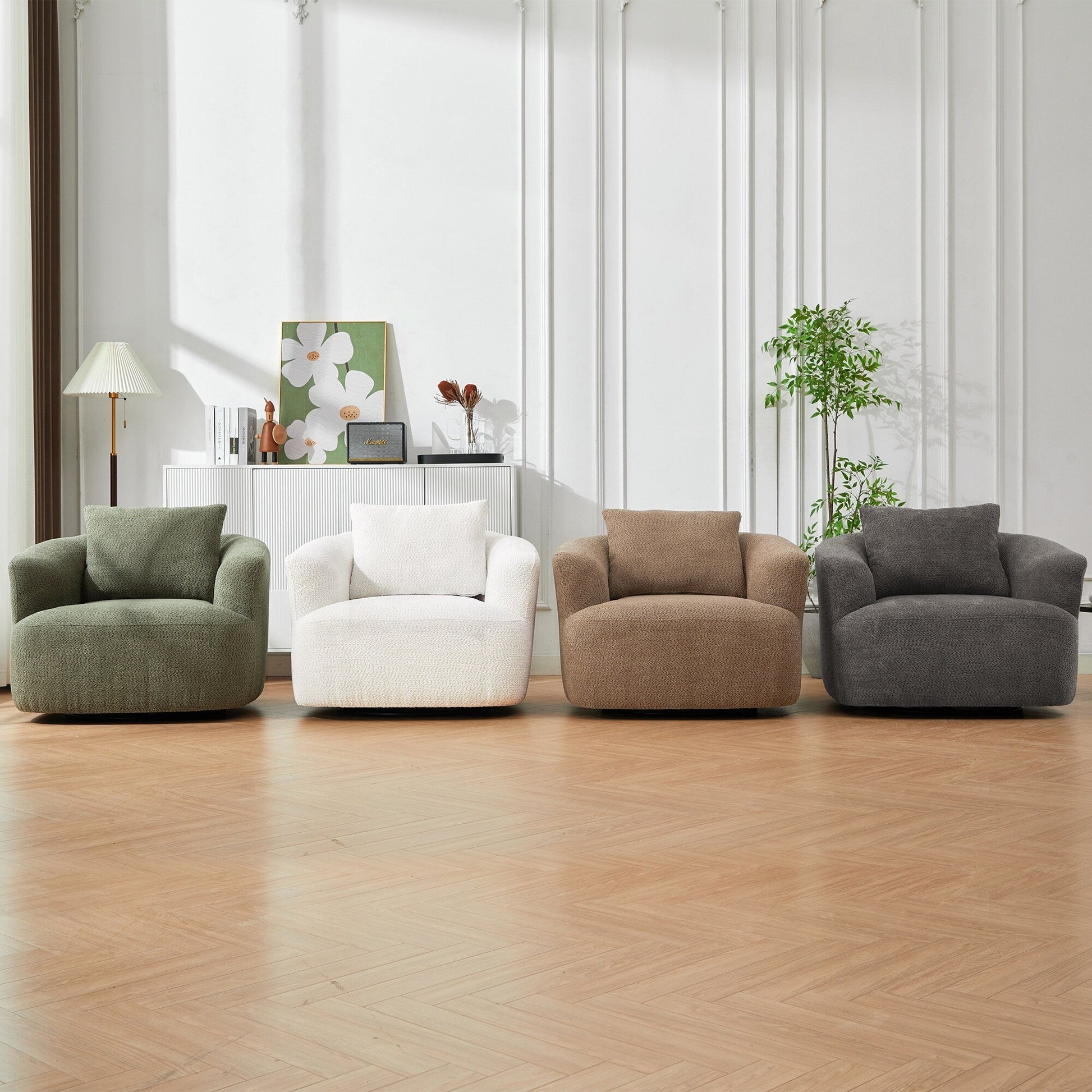 Chaise pivotante à 360°, chaise d'appoint en bouclé de 38,2 pouces avec coussin décoratif, canapé-lit capitonné avec accoudoirs incurvés