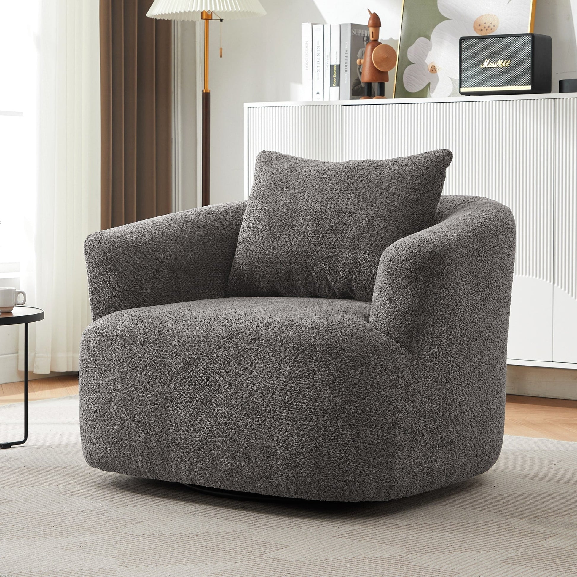 Chaise pivotante à 360°, chaise d'appoint en bouclé de 38,2 pouces avec coussin décoratif, canapé-lit capitonné avec accoudoirs incurvés