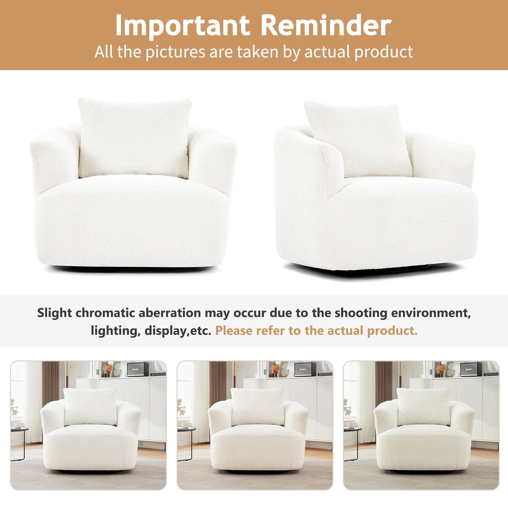 Chaise pivotante à 360°, chaise d'appoint en bouclé de 38,2 pouces avec coussin décoratif, canapé-lit capitonné avec accoudoirs incurvés