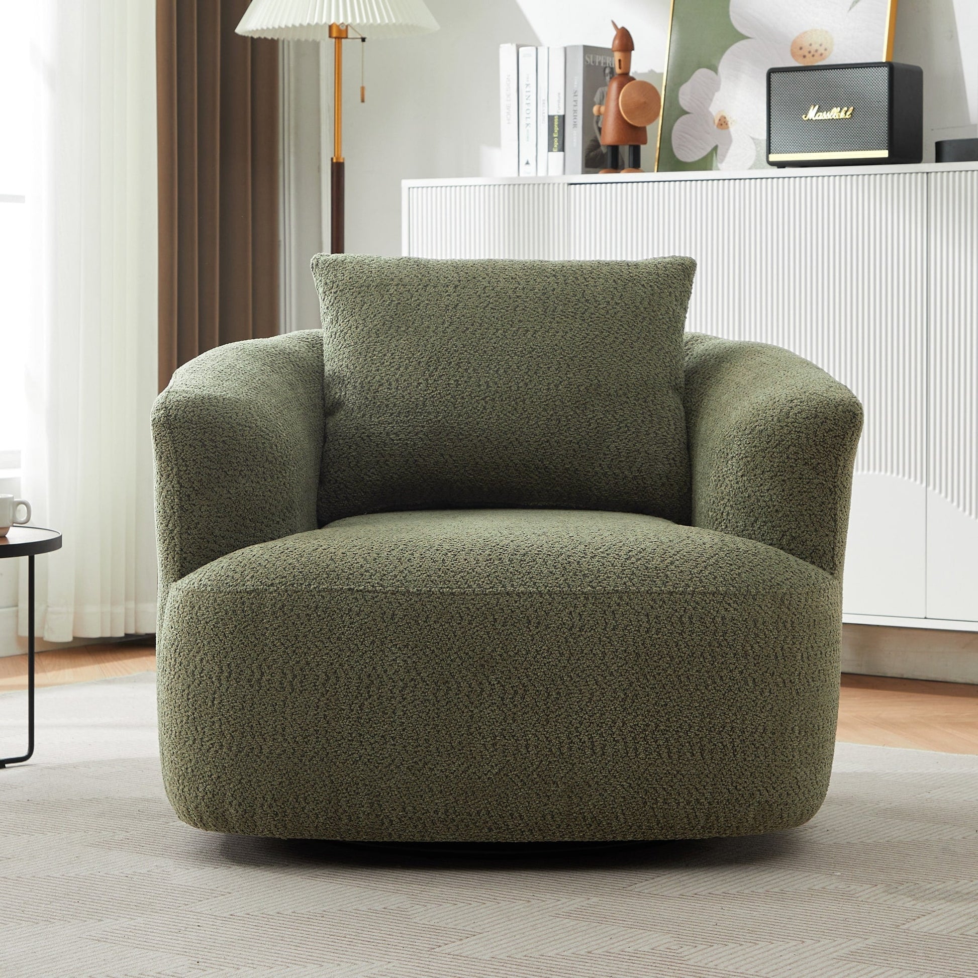 Chaise pivotante à 360°, chaise d'appoint en bouclé de 38,2 pouces avec coussin décoratif, canapé-lit capitonné avec accoudoirs incurvés
