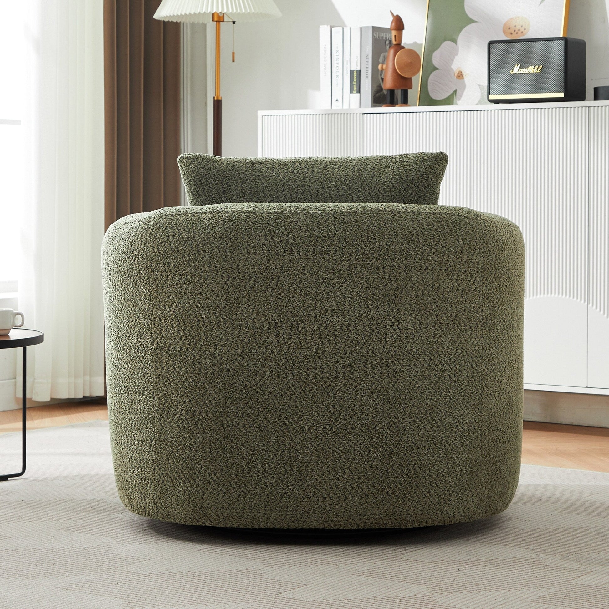 Chaise pivotante à 360°, chaise d'appoint en bouclé de 38,2 pouces avec coussin décoratif, canapé-lit capitonné avec accoudoirs incurvés