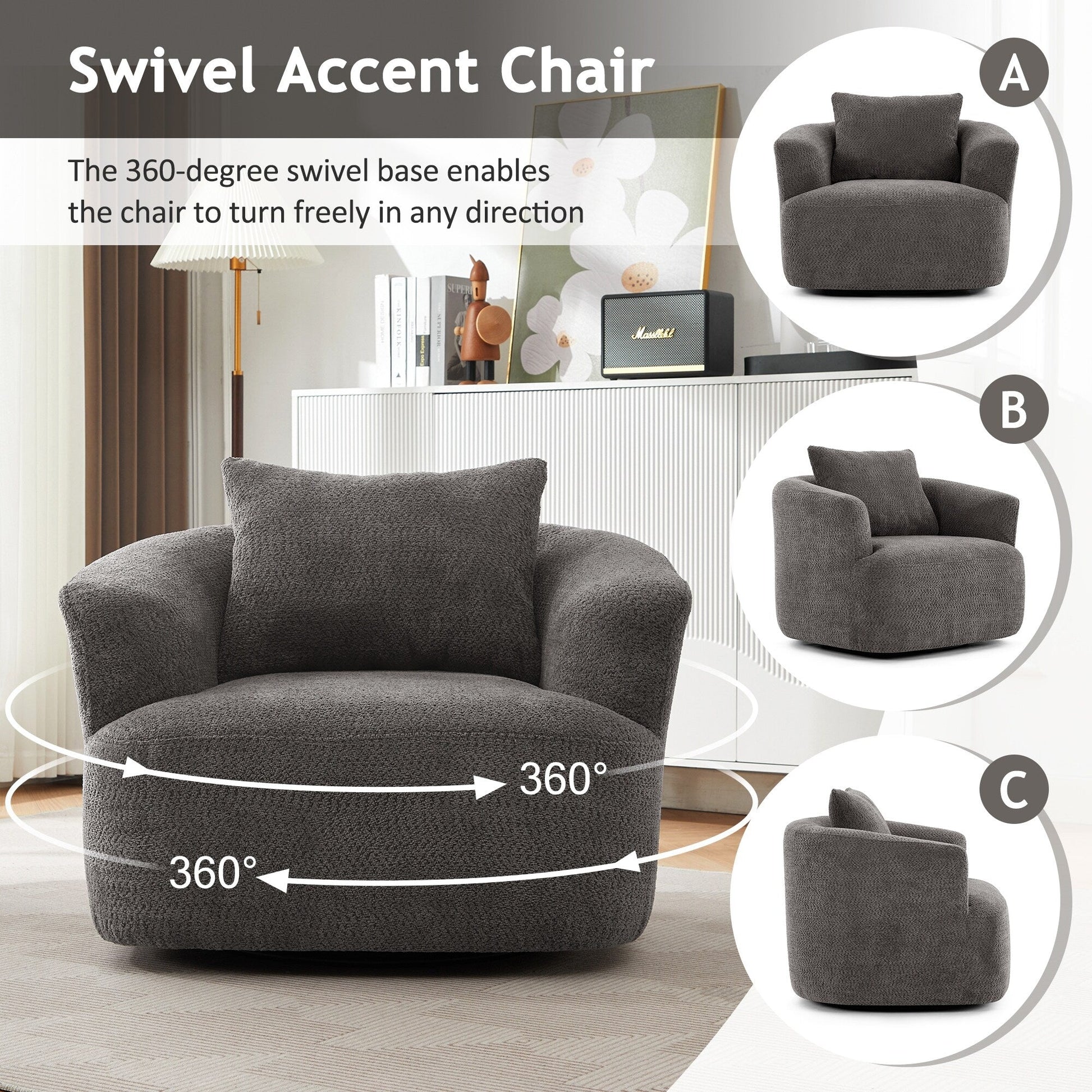 Chaise pivotante à 360°, chaise d'appoint en bouclé de 38,2 pouces avec coussin décoratif, canapé-lit capitonné avec accoudoirs incurvés