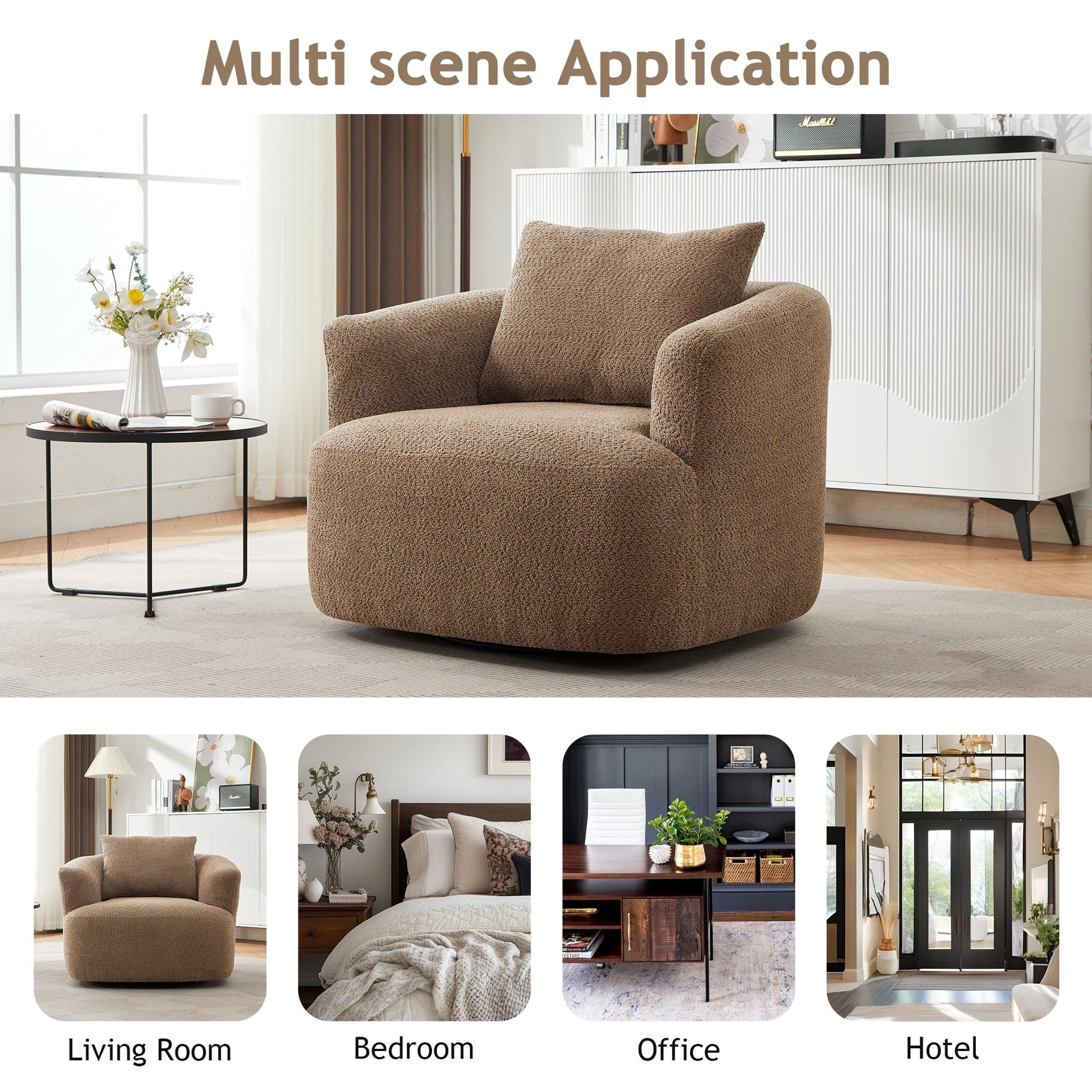 Chaise pivotante à 360°, chaise d'appoint en bouclé de 38,2 pouces avec coussin décoratif, canapé-lit capitonné avec accoudoirs incurvés