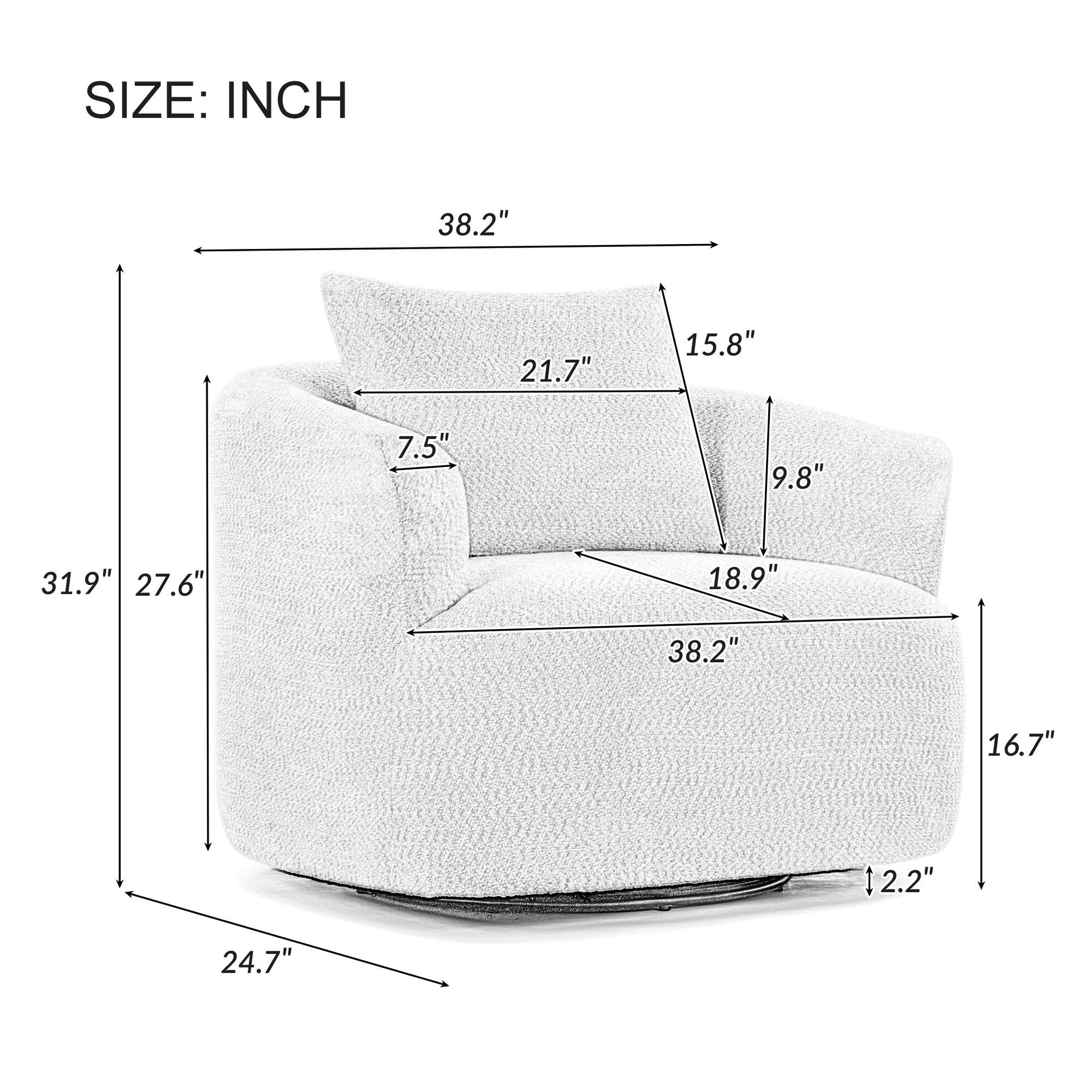 Chaise pivotante à 360°, chaise d'appoint en bouclé de 38,2 pouces avec coussin décoratif, canapé-lit capitonné avec accoudoirs incurvés