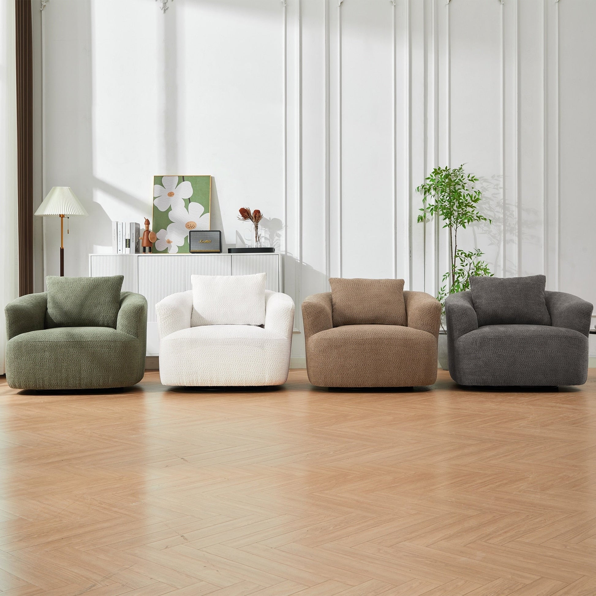Chaise pivotante à 360°, chaise d'appoint en bouclé de 38,2 pouces avec coussin décoratif, canapé-lit capitonné avec accoudoirs incurvés