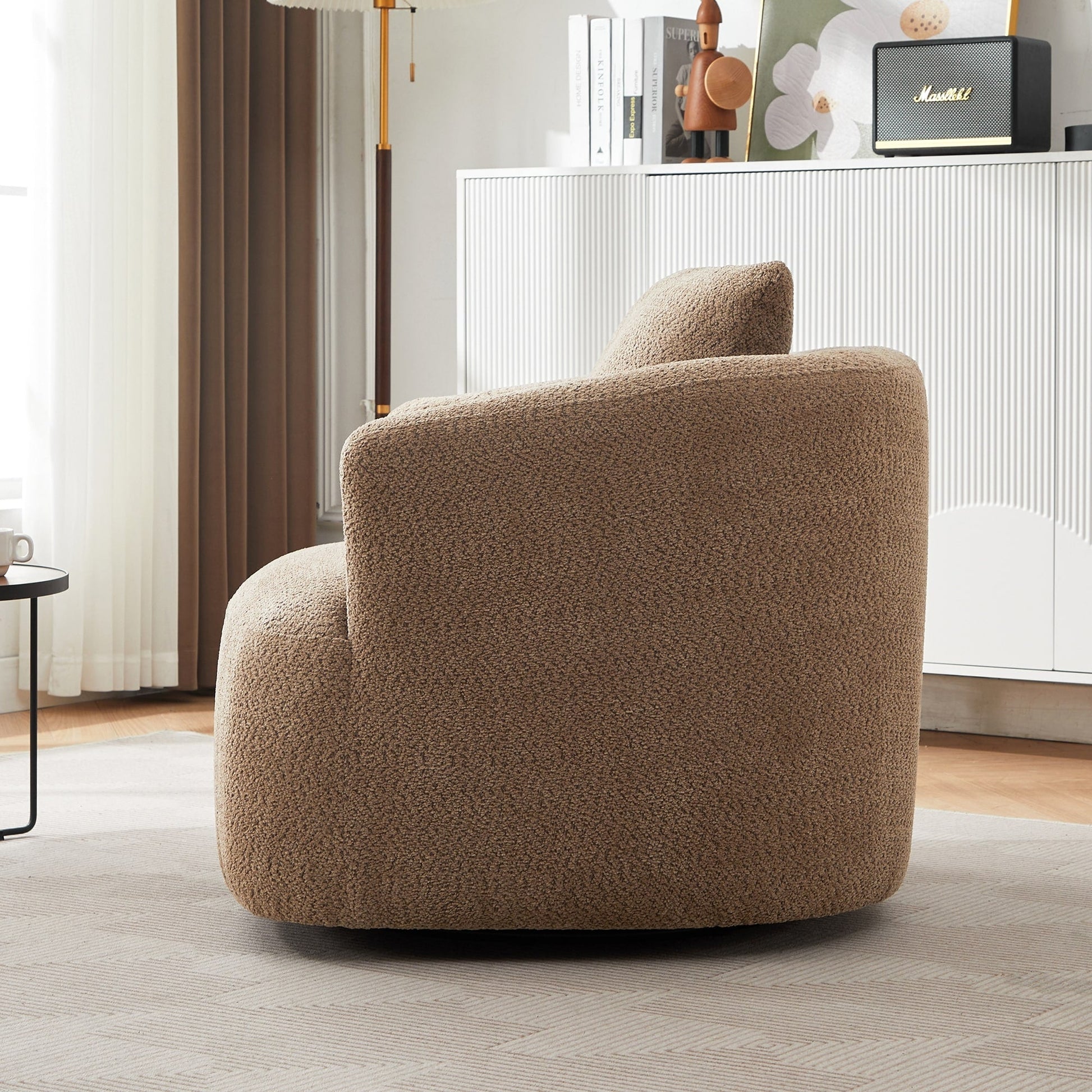 Chaise pivotante à 360°, chaise d'appoint en bouclé de 38,2 pouces avec coussin décoratif, canapé-lit capitonné avec accoudoirs incurvés
