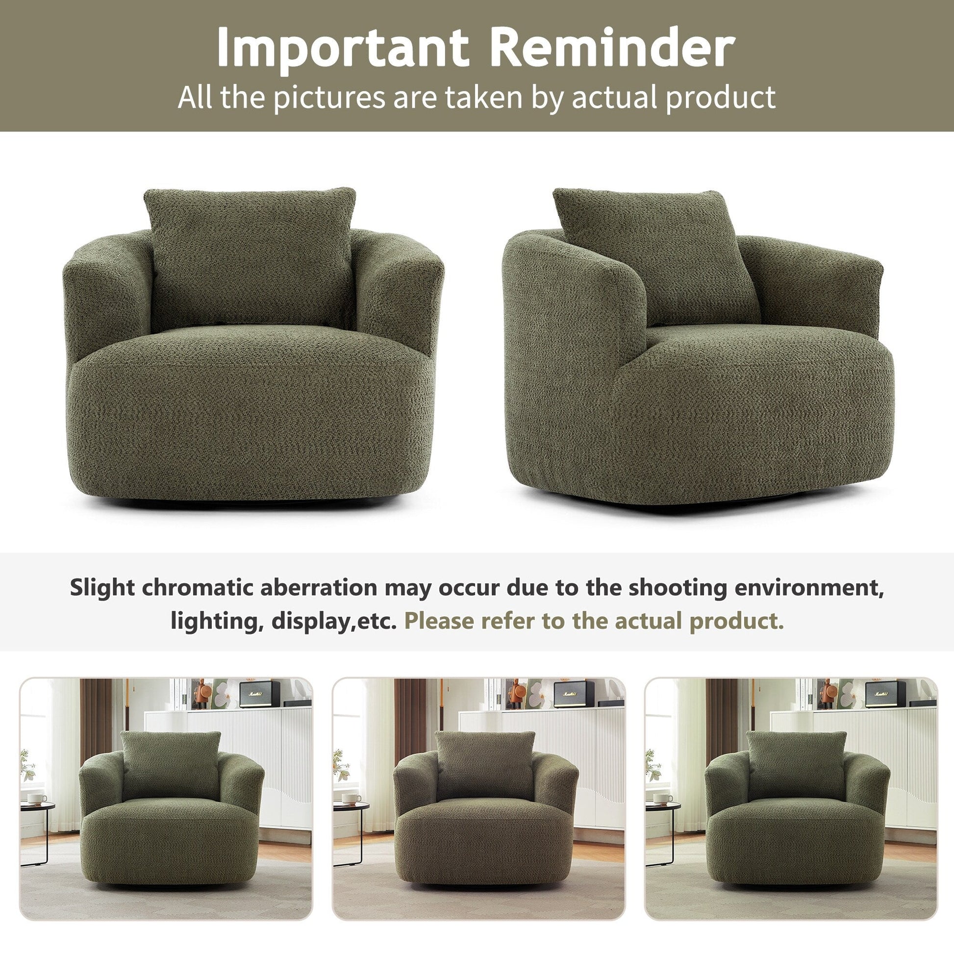 Chaise pivotante à 360°, chaise d'appoint en bouclé de 38,2 pouces avec coussin décoratif, canapé-lit capitonné avec accoudoirs incurvés