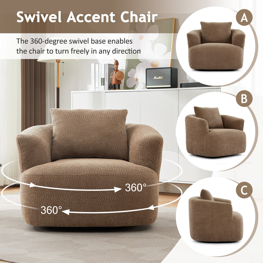 Chaise pivotante à 360°, chaise d'appoint en bouclé de 38,2 pouces avec coussin décoratif, canapé-lit capitonné avec accoudoirs incurvés