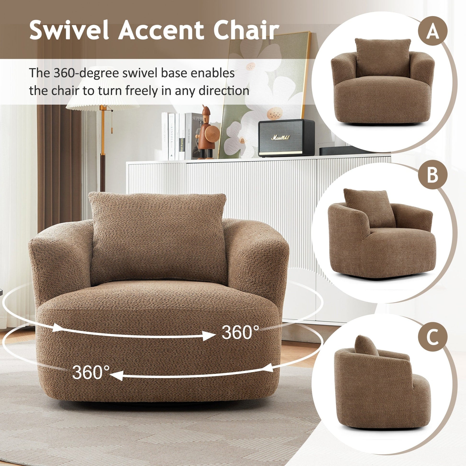 Chaise pivotante à 360°, chaise d'appoint en bouclé de 38,2 pouces avec coussin décoratif, canapé-lit capitonné avec accoudoirs incurvés