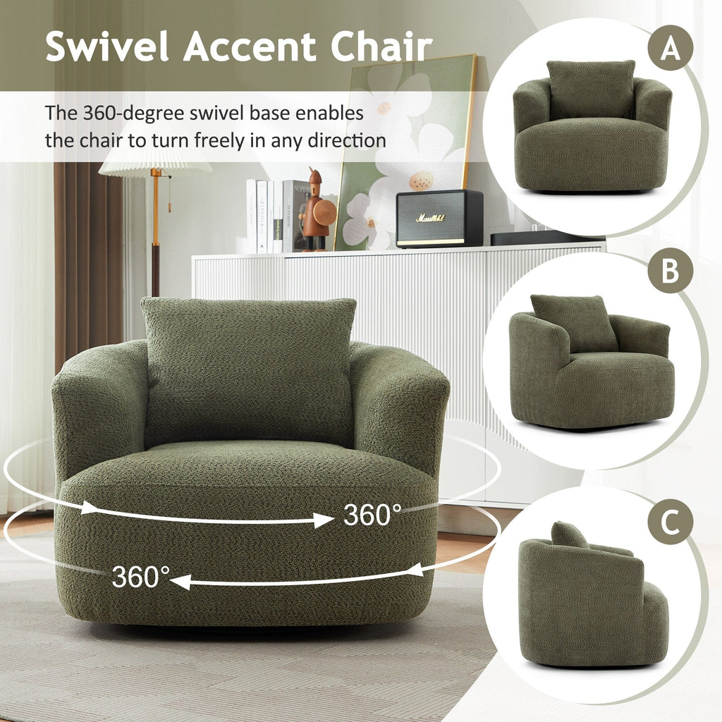 Chaise pivotante à 360°, chaise d'appoint en bouclé de 38,2 pouces avec coussin décoratif, canapé-lit capitonné avec accoudoirs incurvés