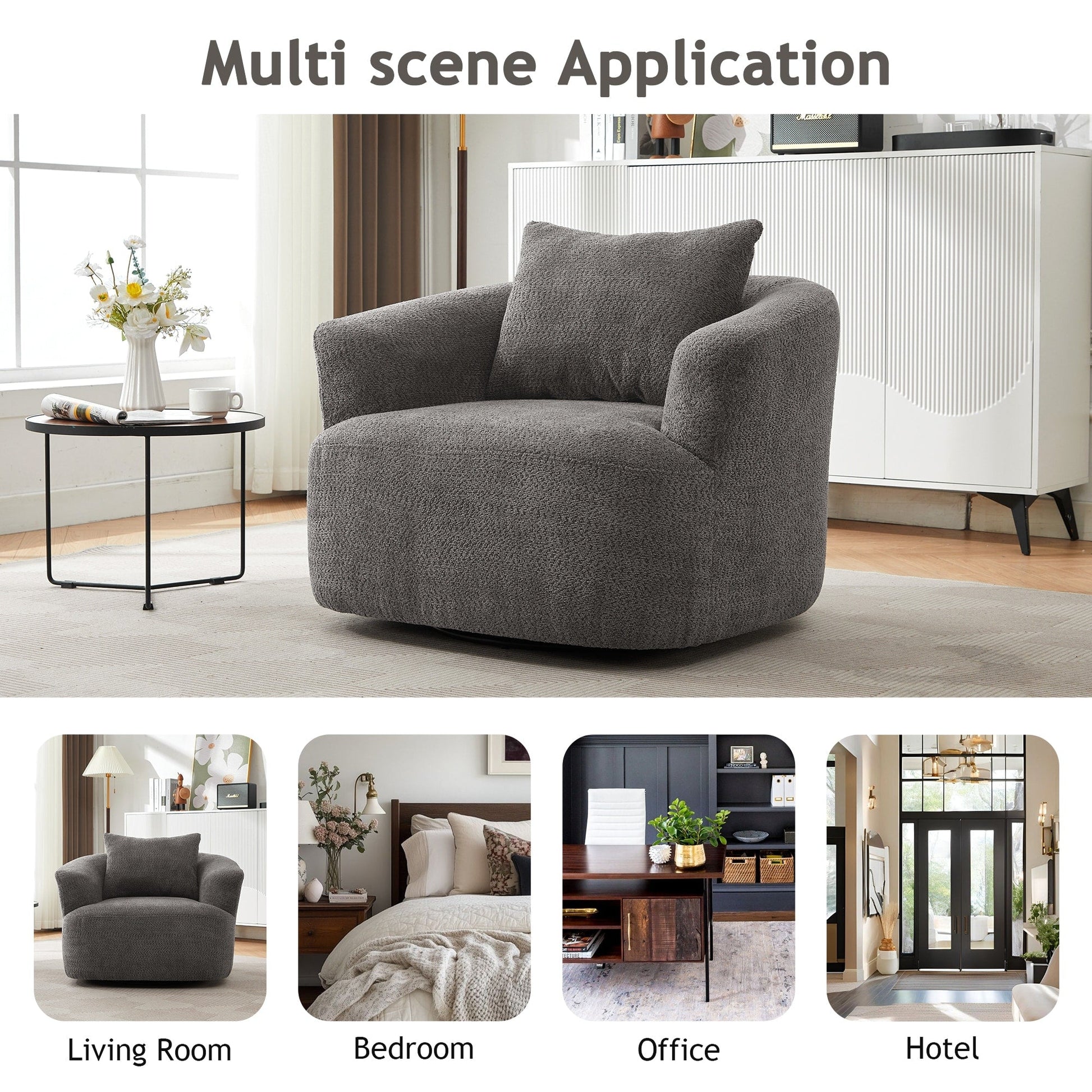 Chaise pivotante à 360°, chaise d'appoint en bouclé de 38,2 pouces avec coussin décoratif, canapé-lit capitonné avec accoudoirs incurvés