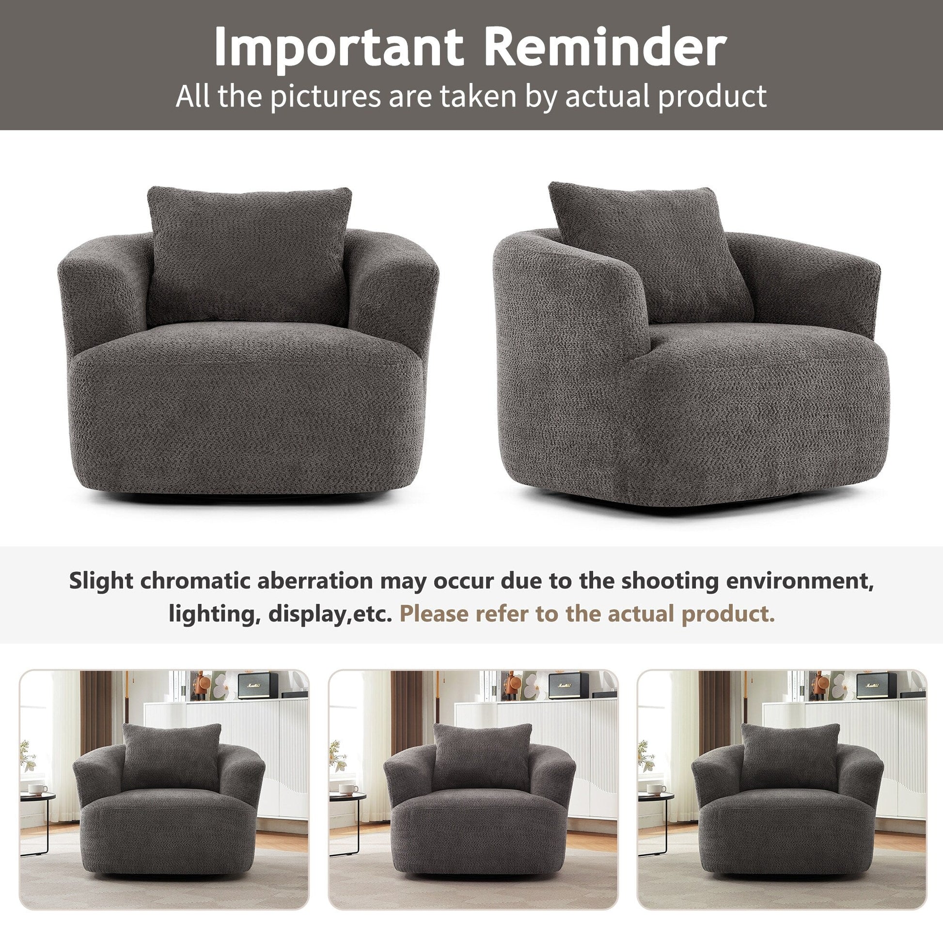 Chaise pivotante à 360°, chaise d'appoint en bouclé de 38,2 pouces avec coussin décoratif, canapé-lit capitonné avec accoudoirs incurvés