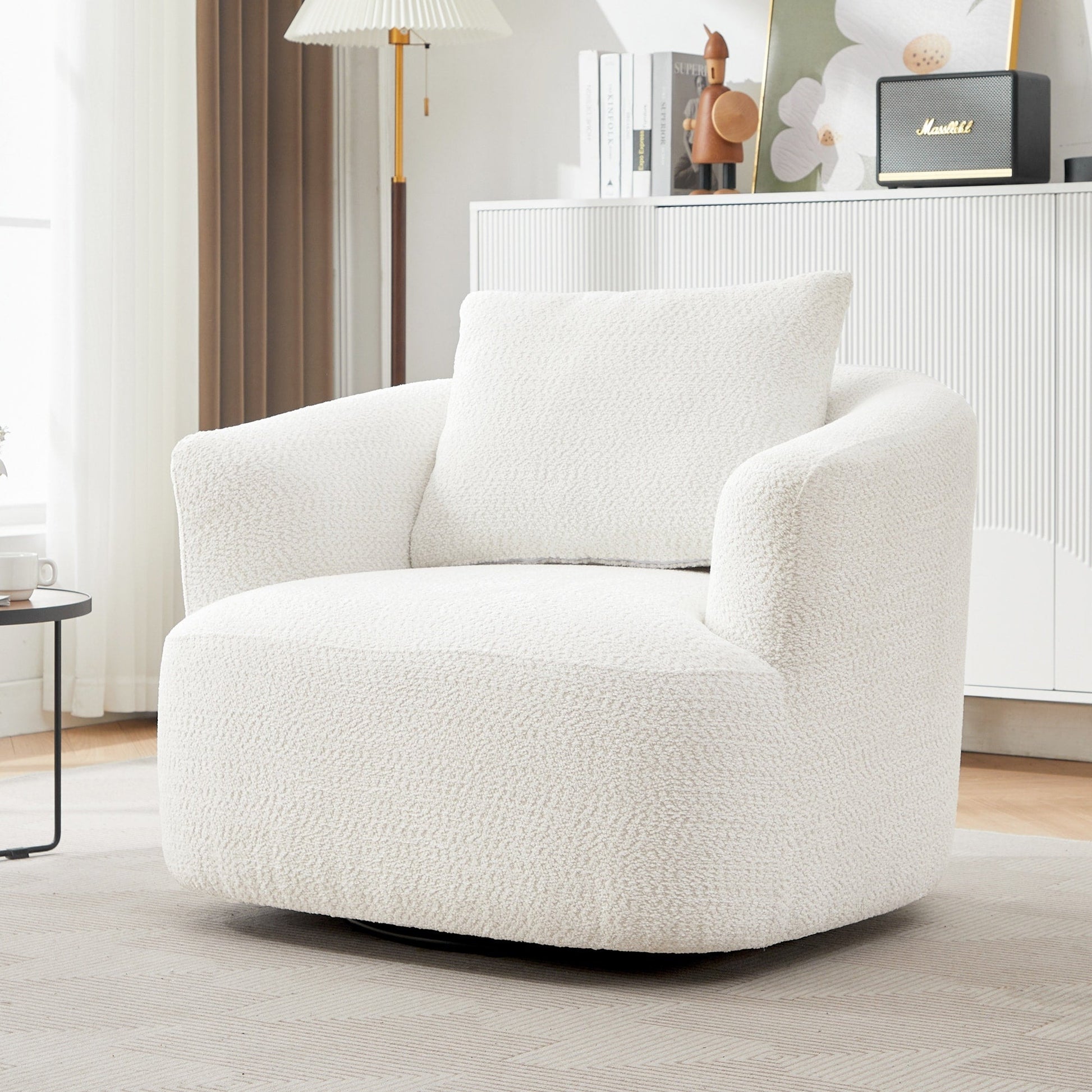 Chaise pivotante à 360°, chaise d'appoint en bouclé de 38,2 pouces avec coussin décoratif, canapé-lit capitonné avec accoudoirs incurvés