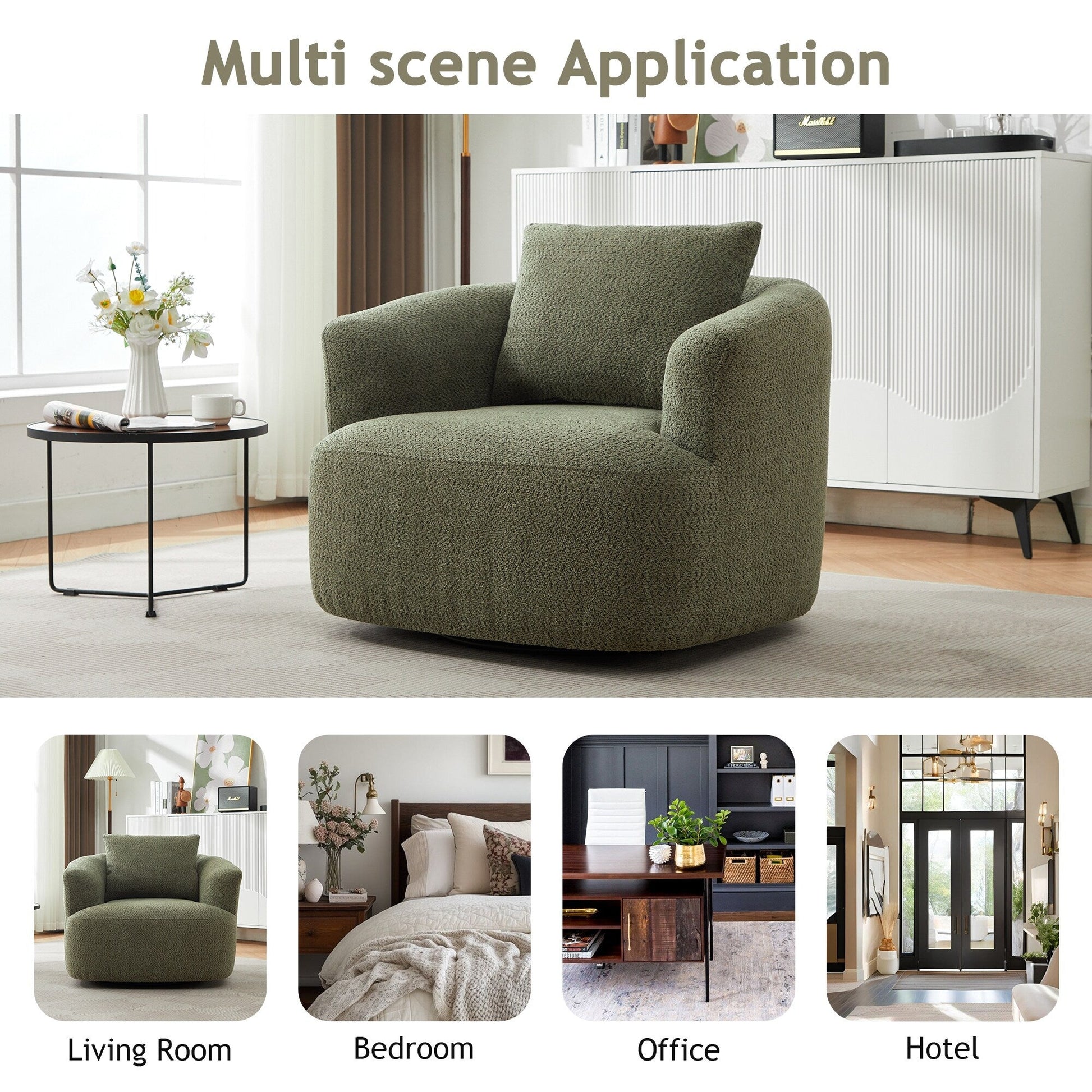 Chaise pivotante à 360°, chaise d'appoint en bouclé de 38,2 pouces avec coussin décoratif, canapé-lit capitonné avec accoudoirs incurvés