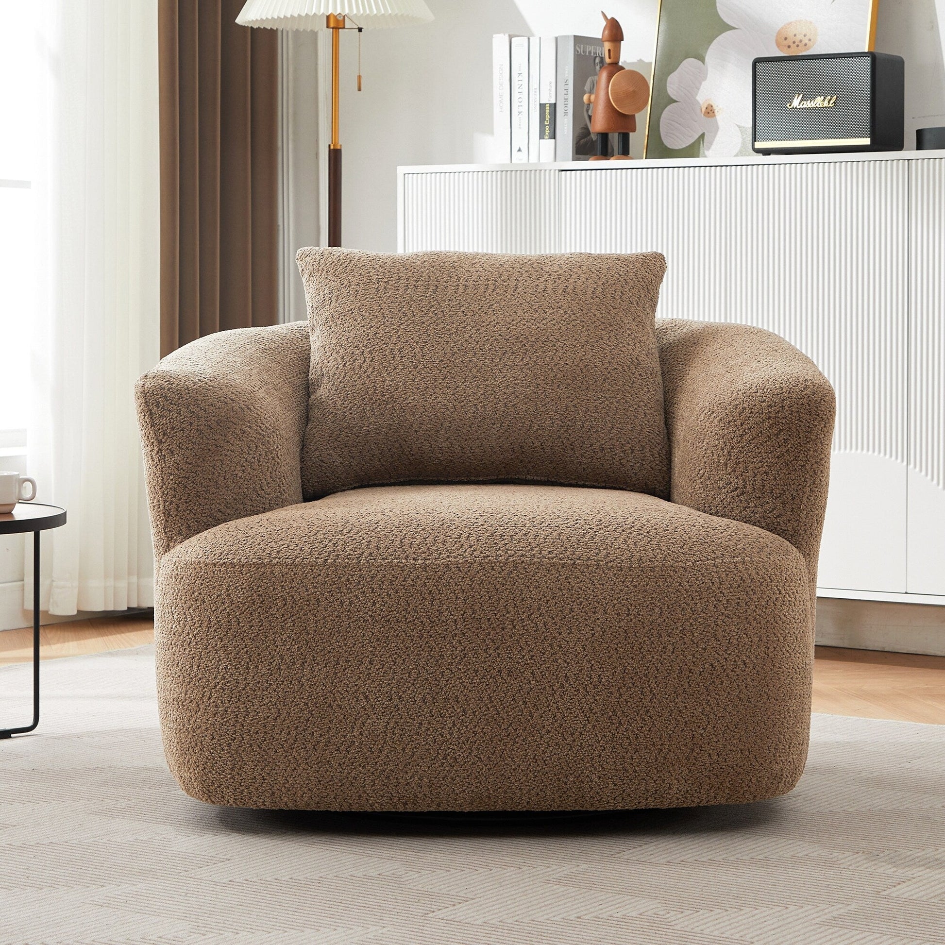 Chaise pivotante à 360°, chaise d'appoint en bouclé de 38,2 pouces avec coussin décoratif, canapé-lit capitonné avec accoudoirs incurvés