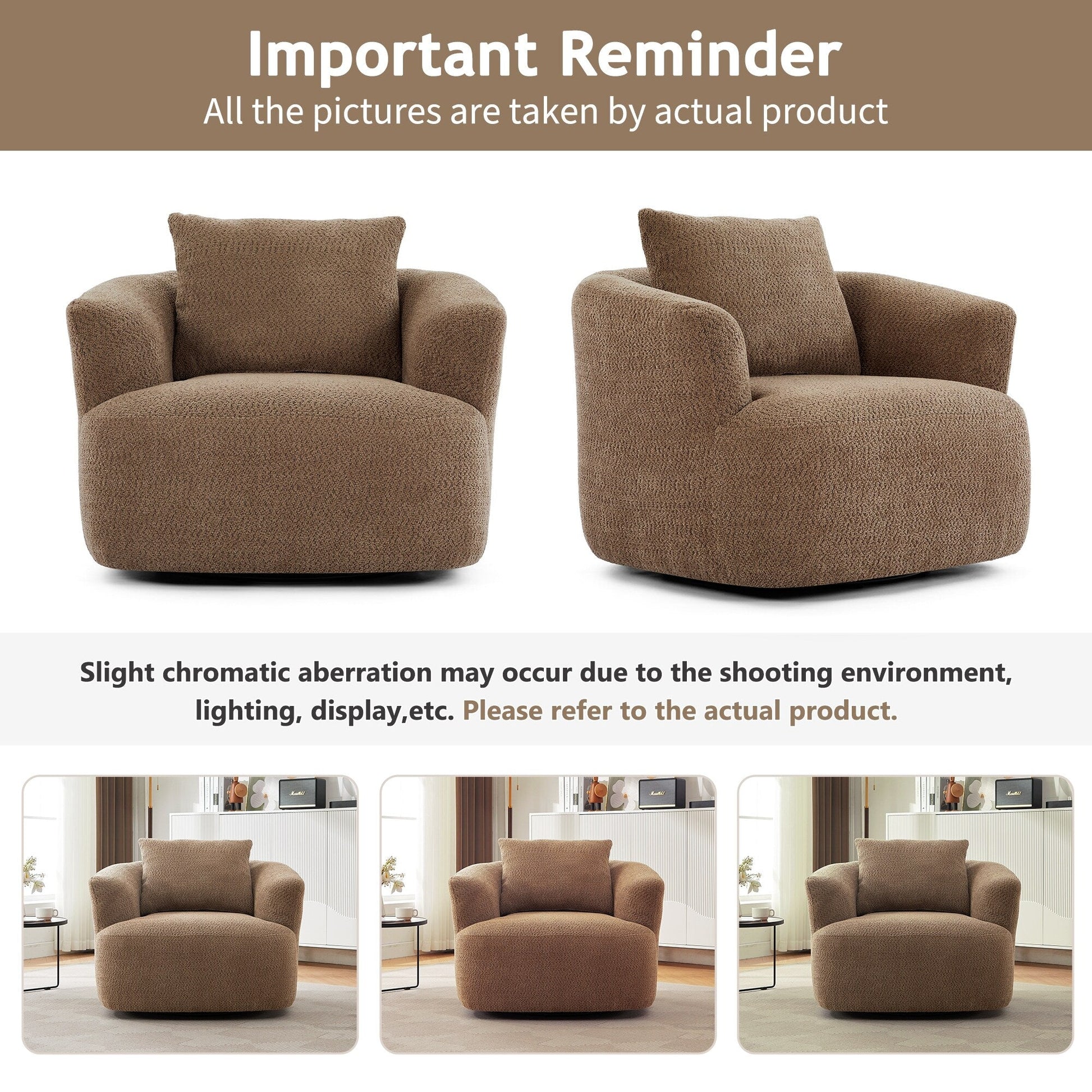 Chaise pivotante à 360°, chaise d'appoint en bouclé de 38,2 pouces avec coussin décoratif, canapé-lit capitonné avec accoudoirs incurvés