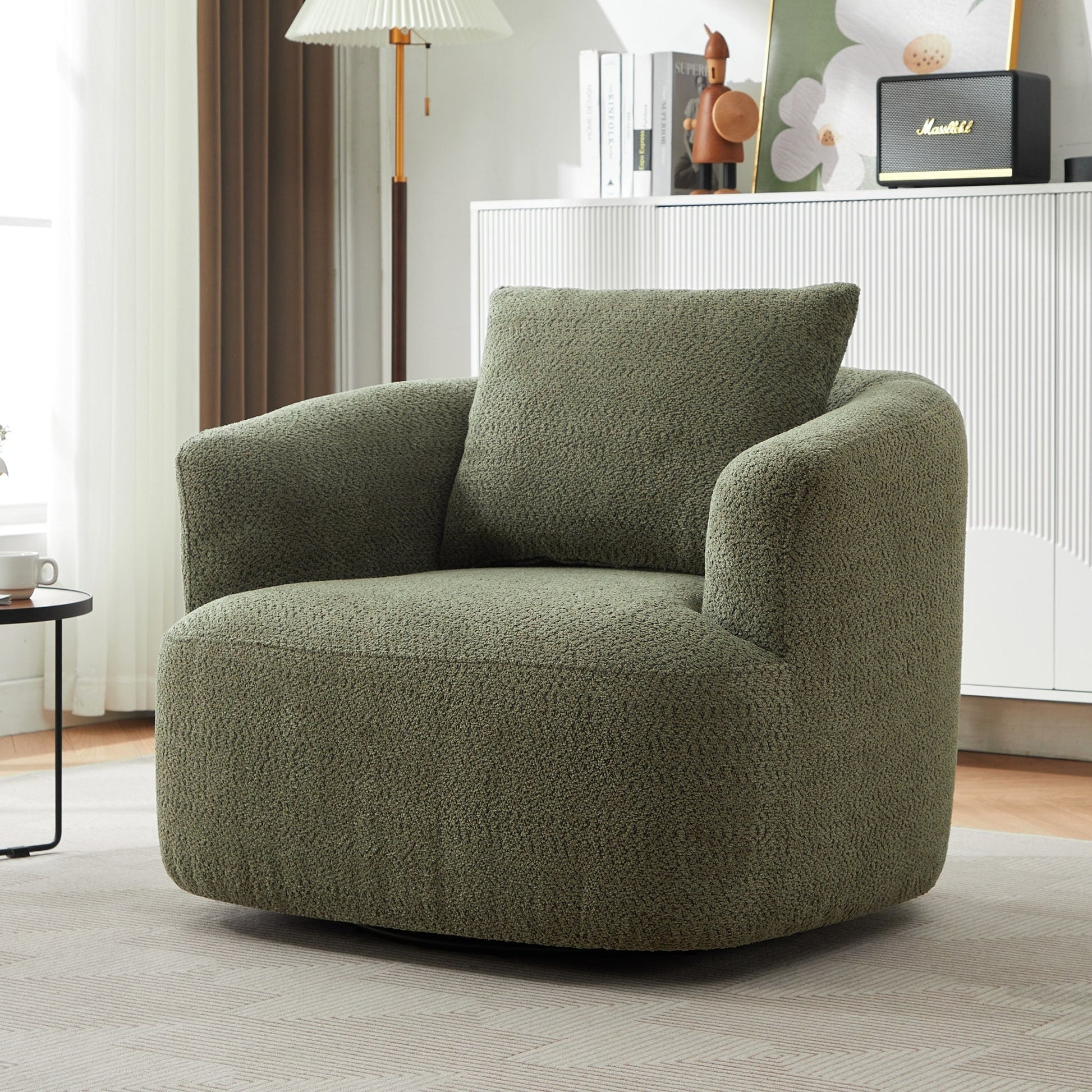 Chaise pivotante à 360°, chaise d'appoint en bouclé de 38,2 pouces avec coussin décoratif, canapé-lit capitonné avec accoudoirs incurvés