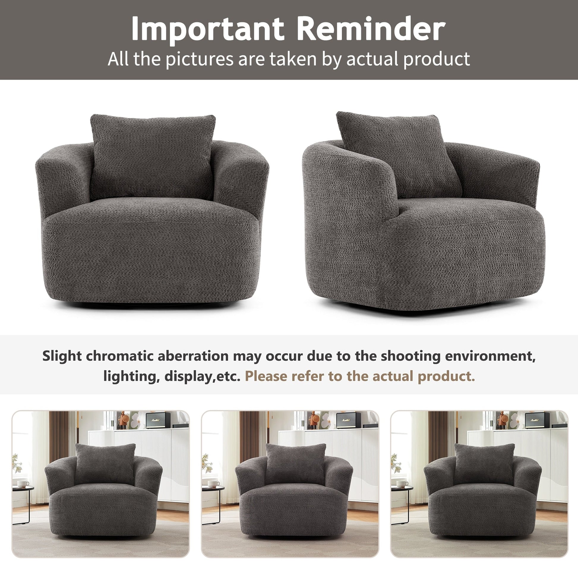 Chaise pivotante à 360°, chaise d'appoint en bouclé de 38,2 pouces avec coussin décoratif, canapé-lit capitonné avec accoudoirs incurvés