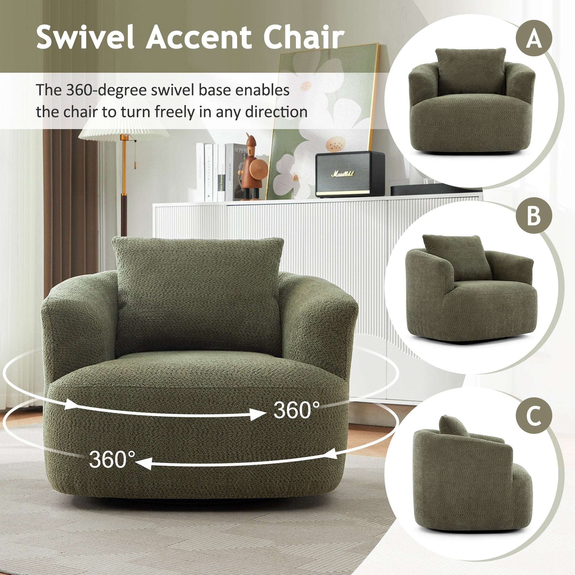 Chaise pivotante à 360°, chaise d'appoint en bouclé de 38,2 pouces avec coussin décoratif, canapé-lit capitonné avec accoudoirs incurvés
