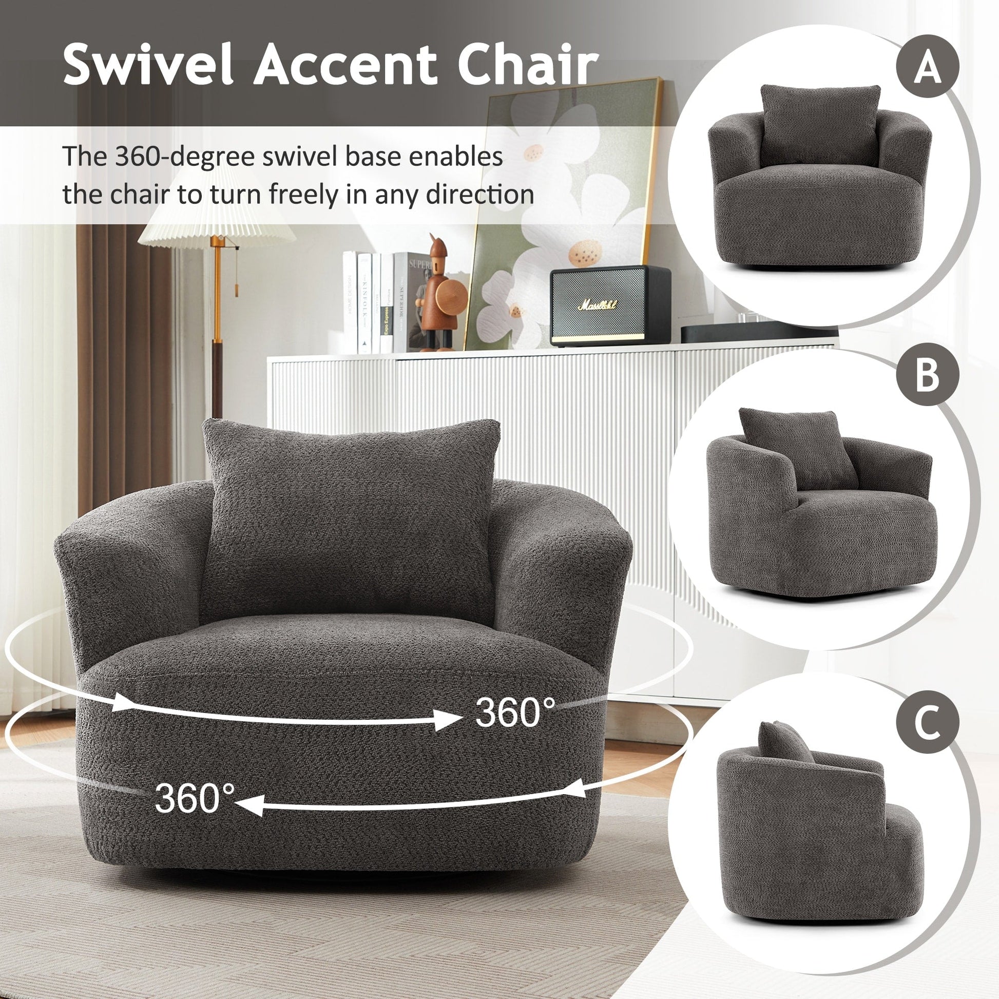Chaise pivotante à 360°, chaise d'appoint en bouclé de 38,2 pouces avec coussin décoratif, canapé-lit capitonné avec accoudoirs incurvés