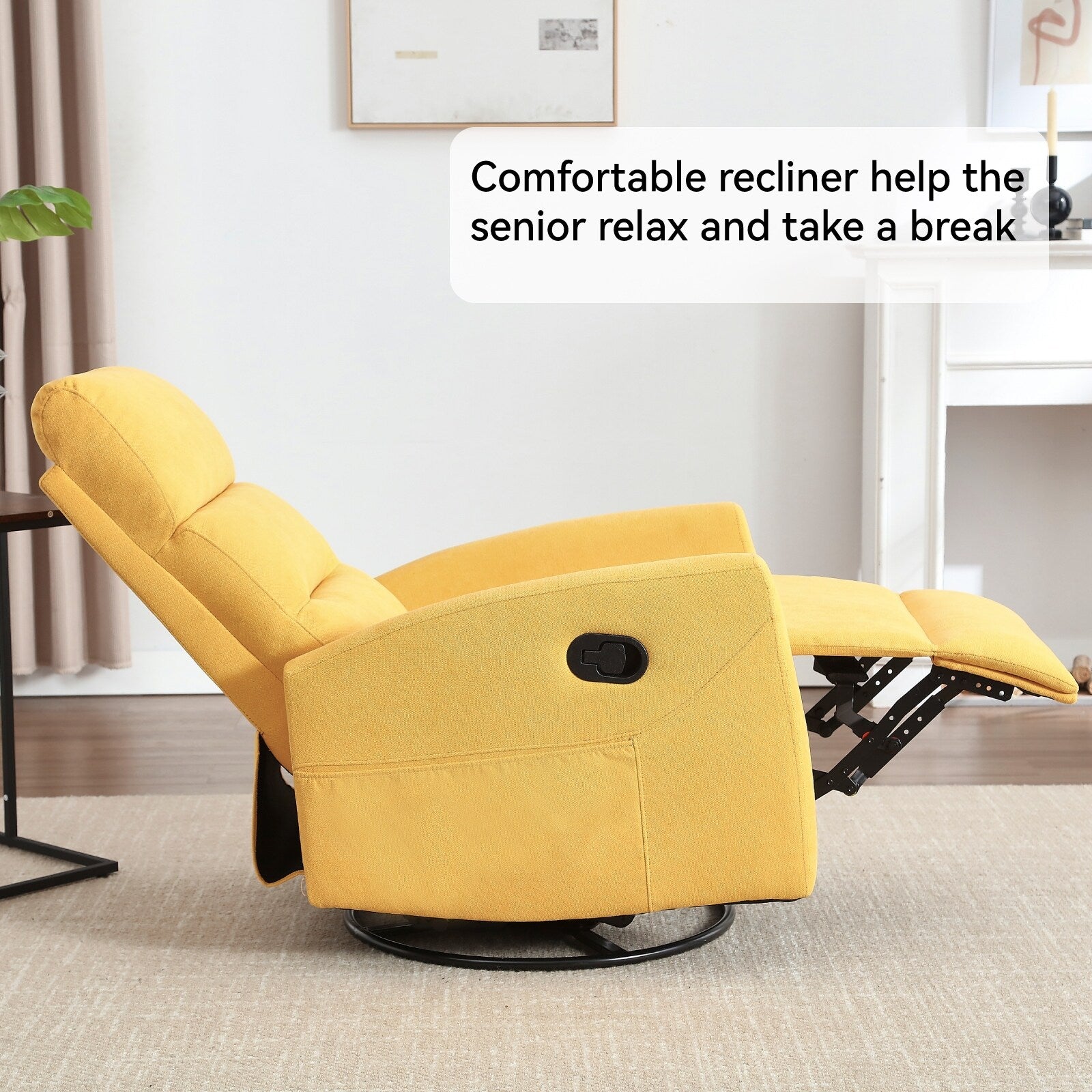 360° Swivel Chair, Fabric Manual Recliner Chair Armchair with Footrest and Adjustable Backrest Pedals, Side Pockets