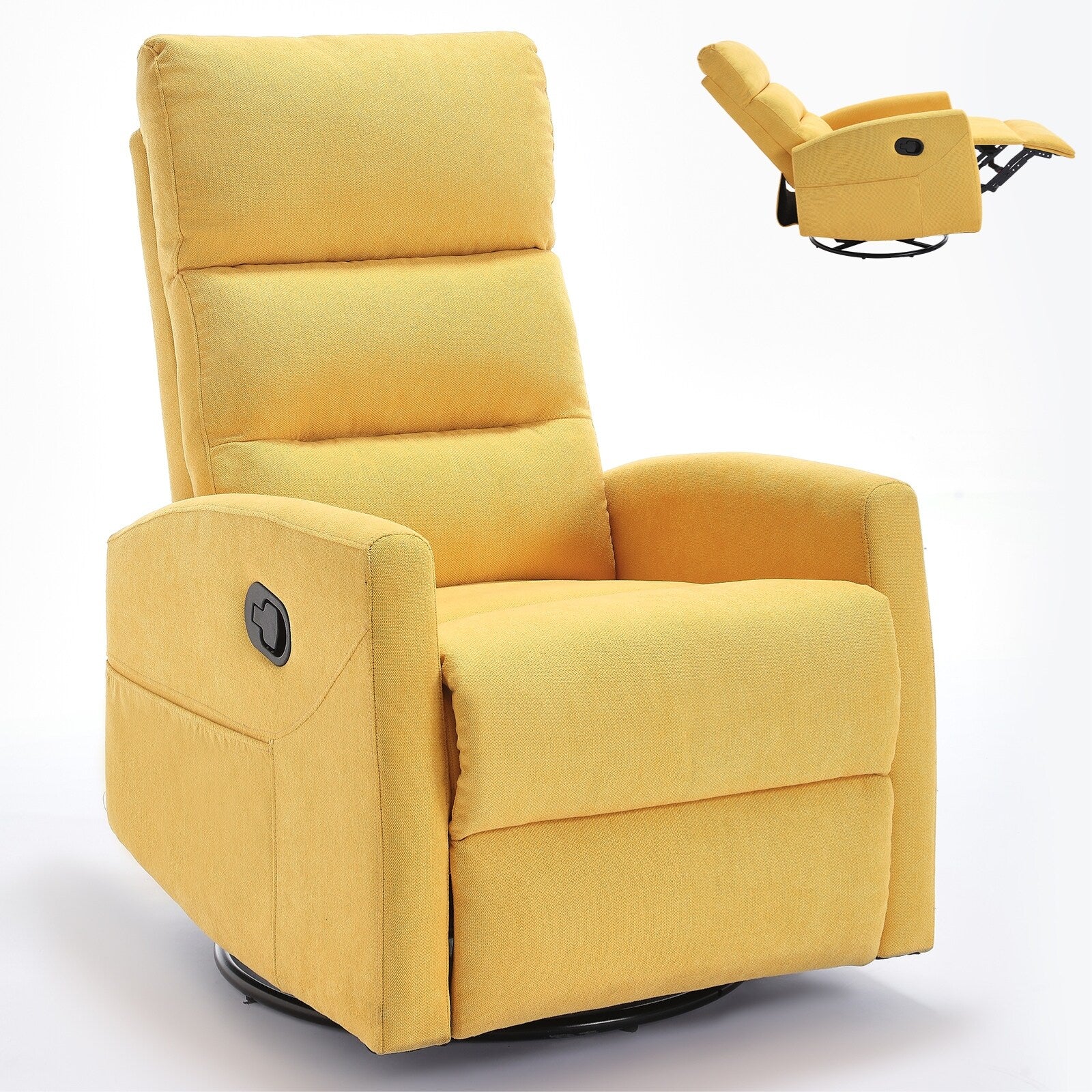 360° Swivel Chair, Fabric Manual Recliner Chair Armchair with Footrest and Adjustable Backrest Pedals, Side Pockets