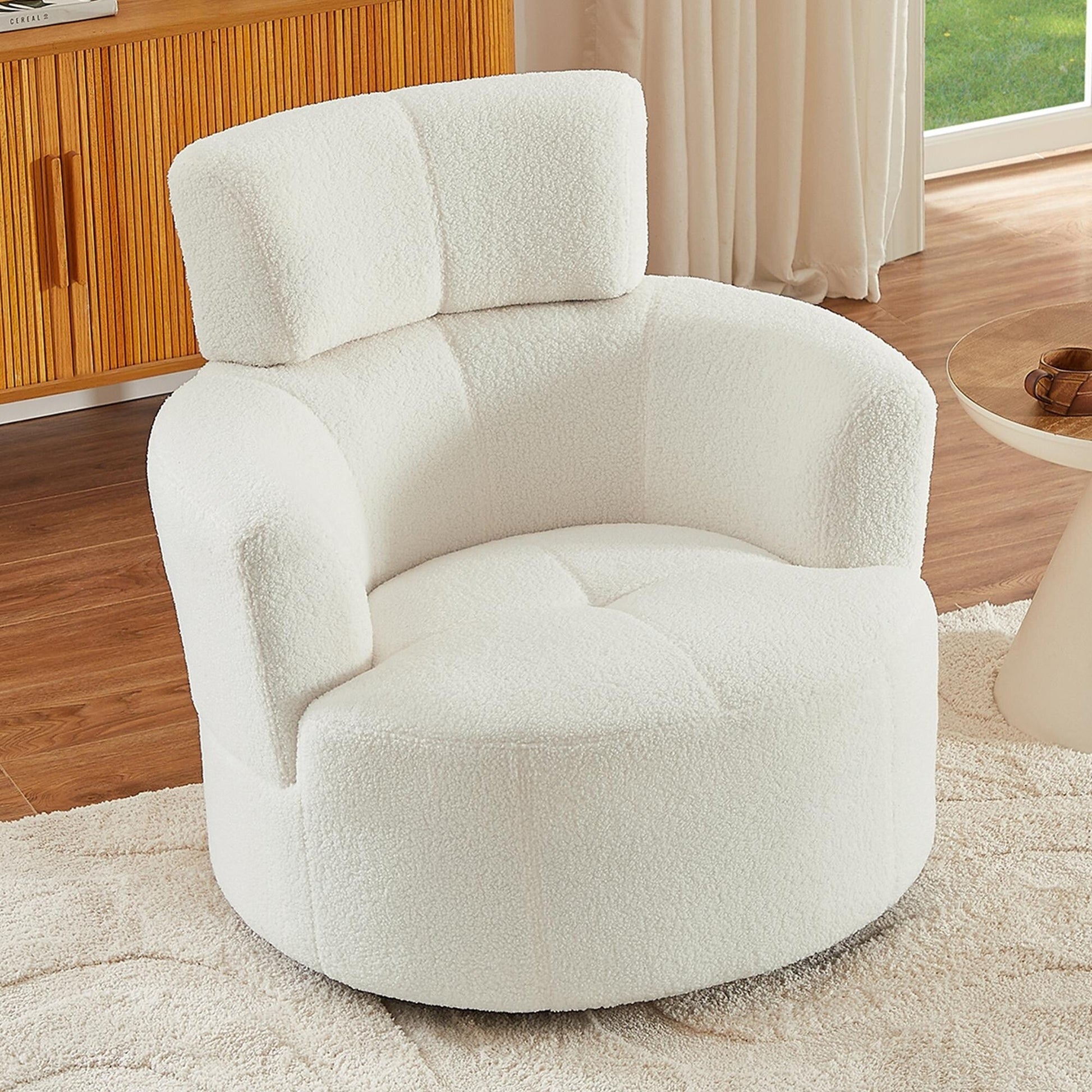 Chaise pivotante à 360°, chaise en forme de tonneau rembourrée avec repose-tête réglable, chaise de salon moderne et ronde pour salon.