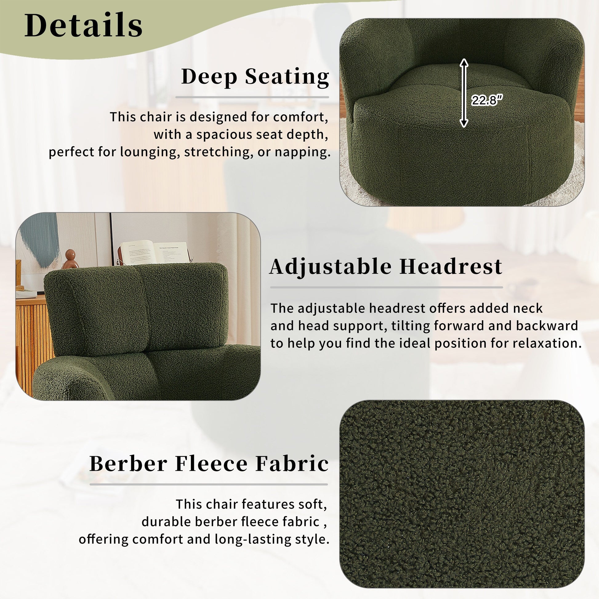 Chaise pivotante à 360°, chaise en forme de tonneau rembourrée avec repose-tête réglable, chaise de salon moderne et ronde pour salon.