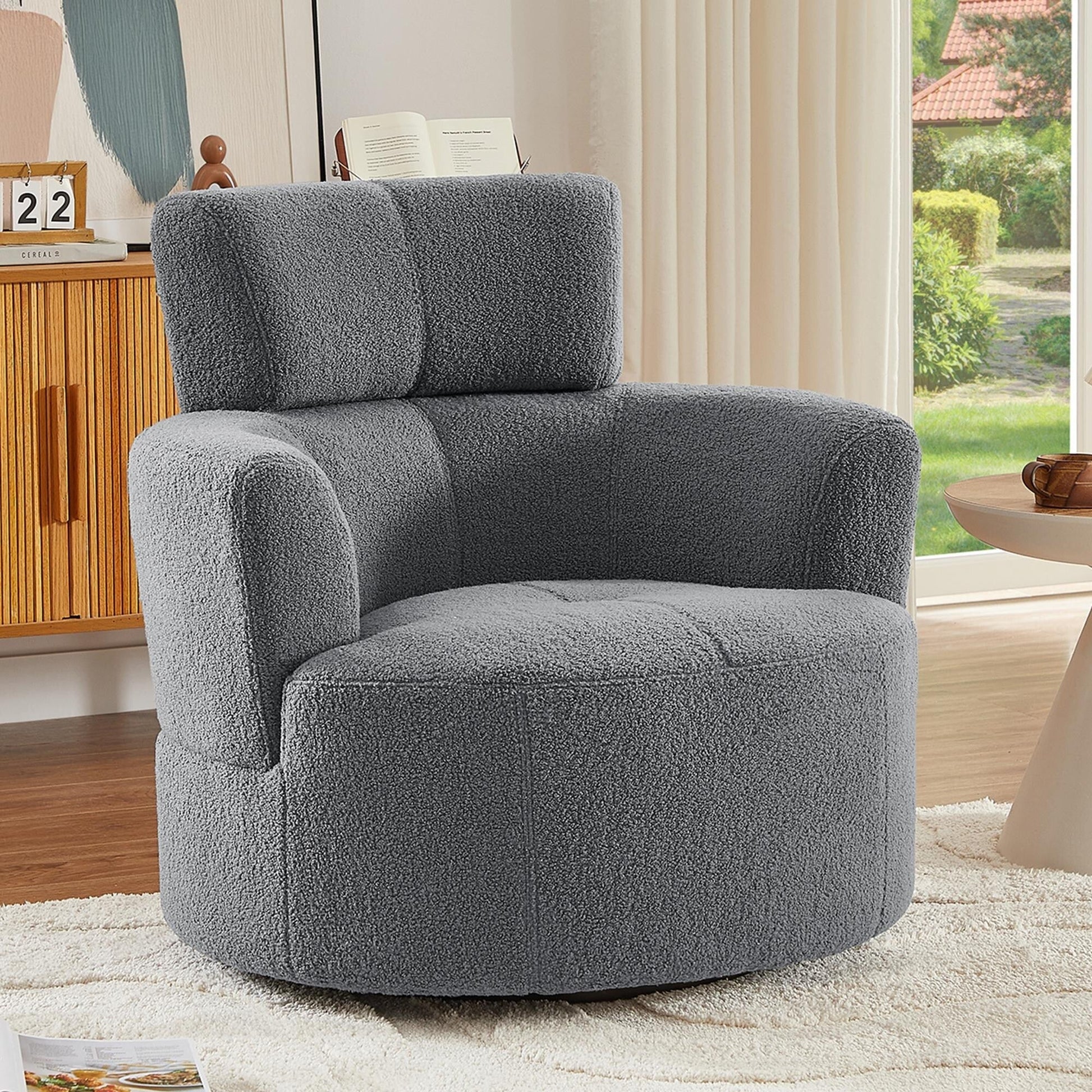 Chaise pivotante à 360°, chaise en forme de tonneau rembourrée avec repose-tête réglable, chaise de salon moderne et ronde pour salon.