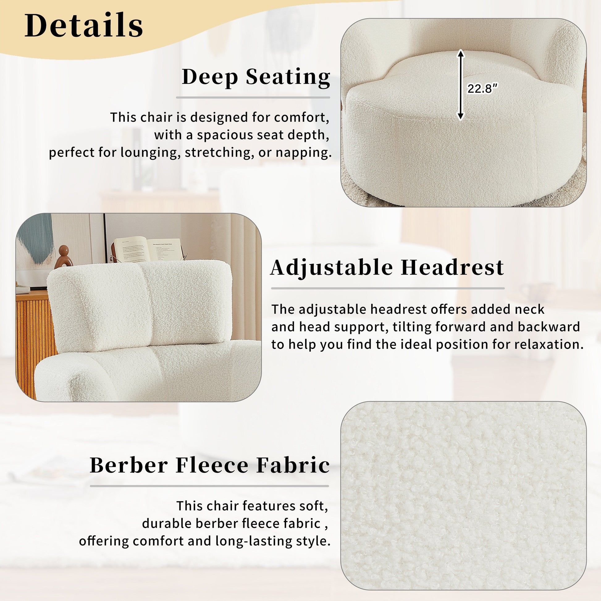 Chaise pivotante à 360°, chaise en forme de tonneau rembourrée avec repose-tête réglable, chaise de salon moderne et ronde pour salon.