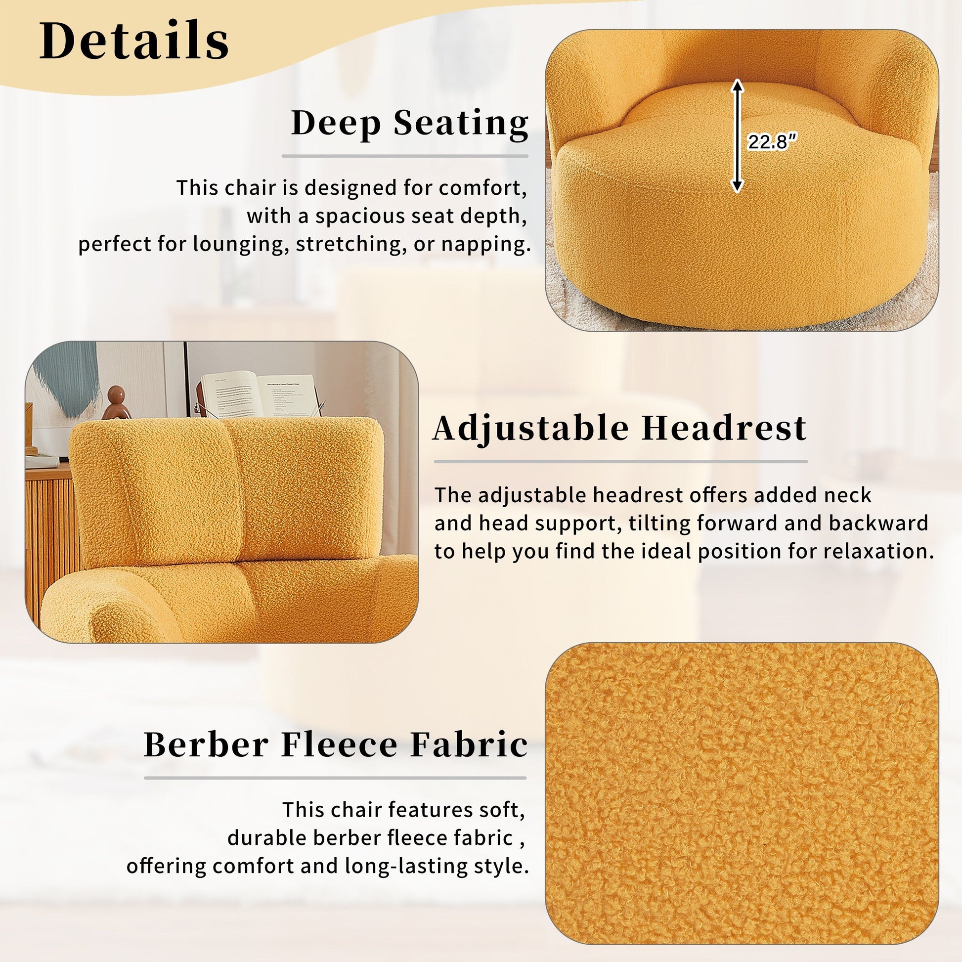 Chaise pivotante à 360°, chaise en forme de tonneau rembourrée avec repose-tête réglable, chaise de salon moderne et ronde pour salon.